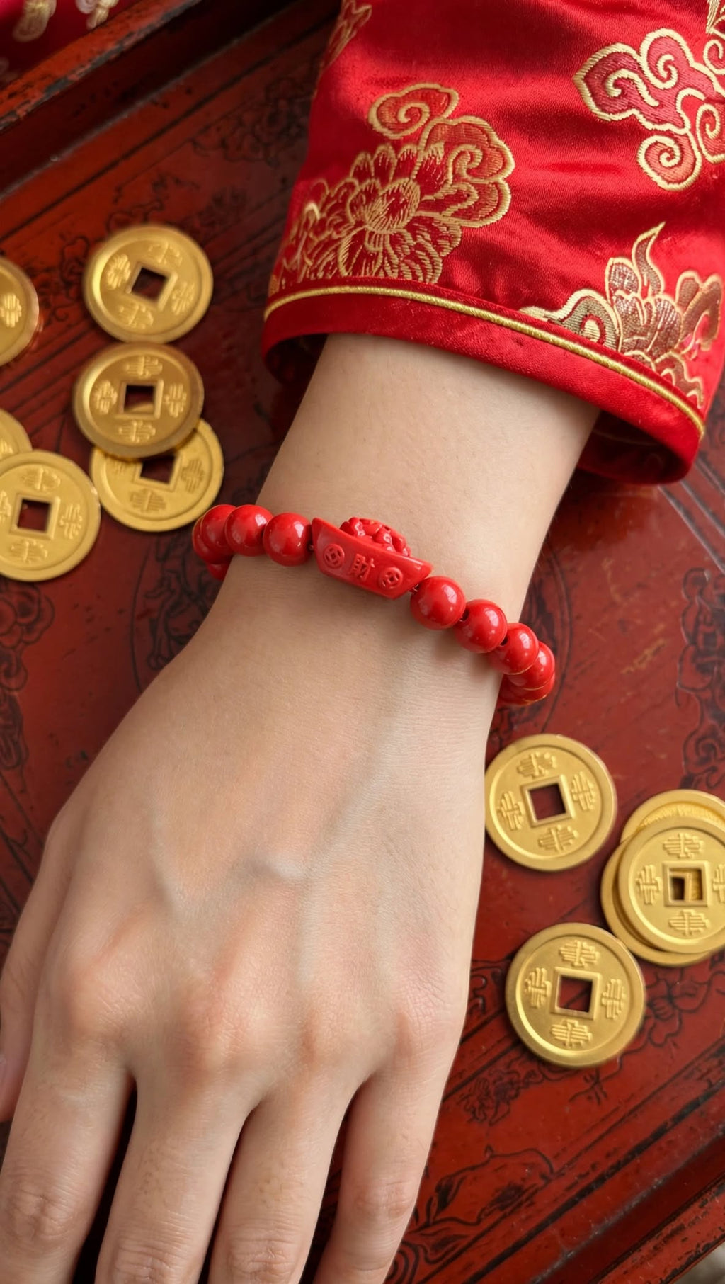 Wealth & Protection Cinnabar Bracelet with Pixiu Gold Ingot