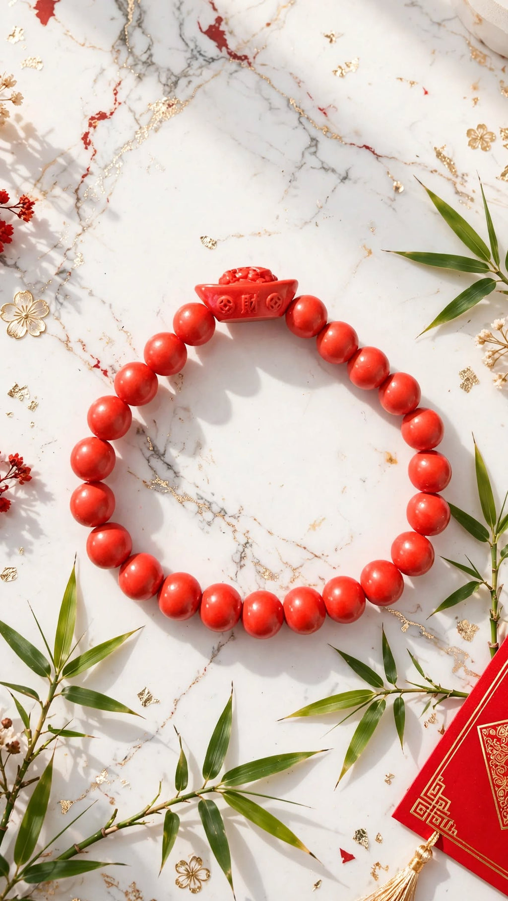 Wealth & Protection Cinnabar Bracelet with Pixiu Gold Ingot