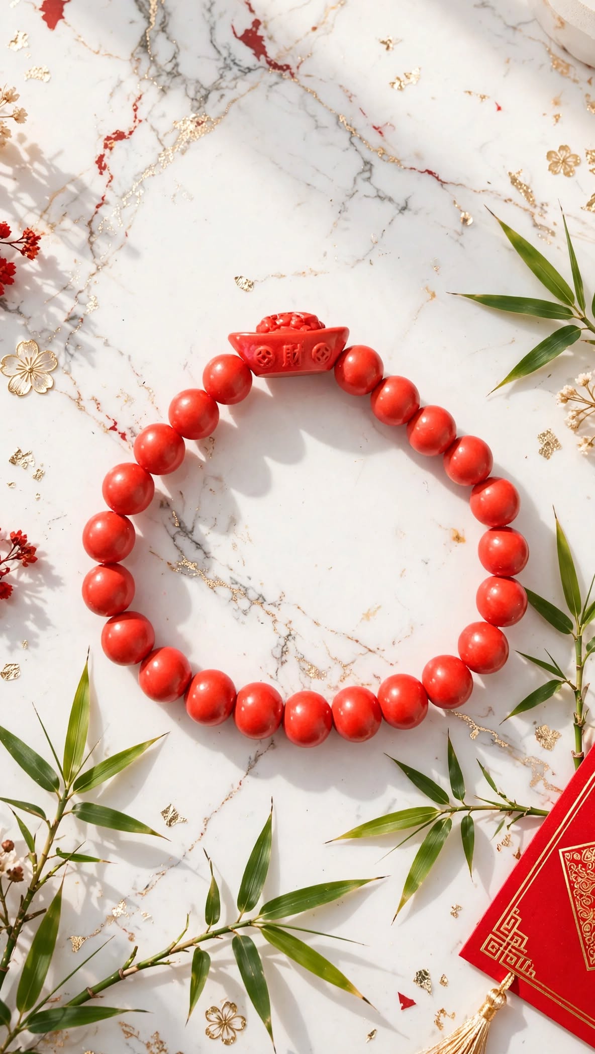 Wealth & Protection Cinnabar Bracelet with Pixiu Gold Ingot