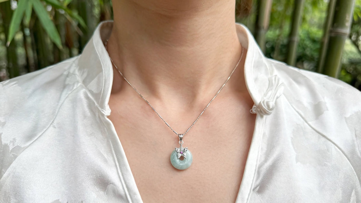 Ethereal Butterfly Burmese Jadeite Donut Pendant Necklace