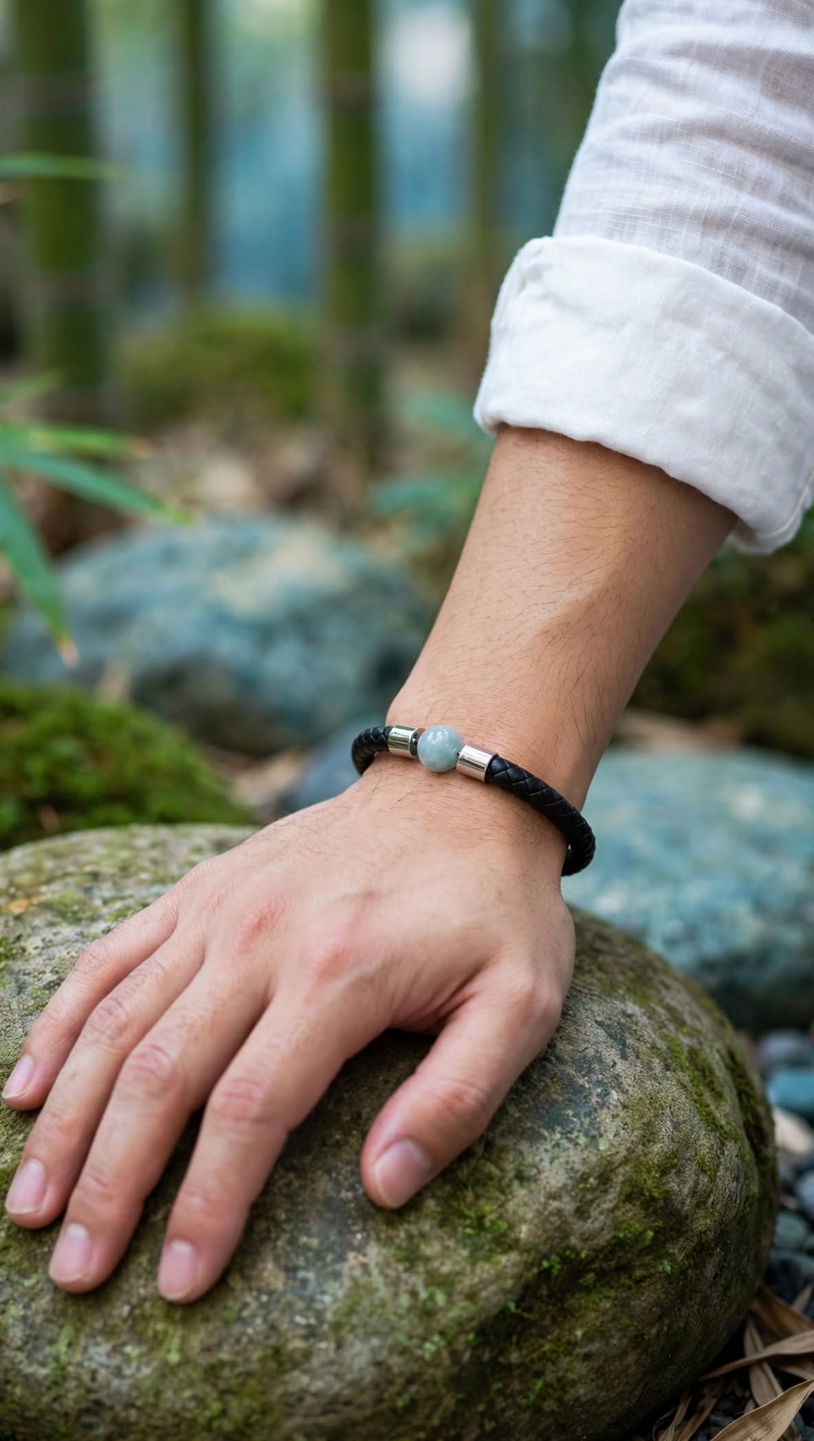 Urban Calming Braided PU Leather & Blue Water Jade Bracelet