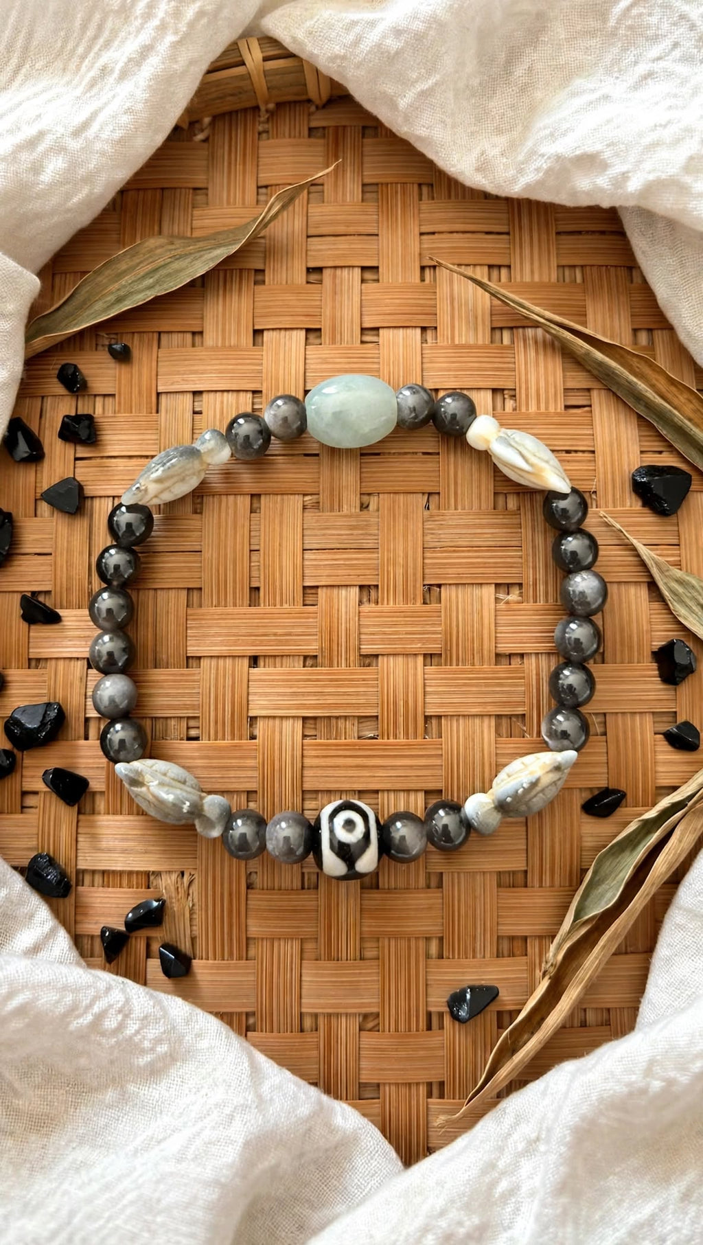 Sacred Shield Silver Sheen Obsidian, Jade & 3-Eye Dzi Multi-Element Bracelet