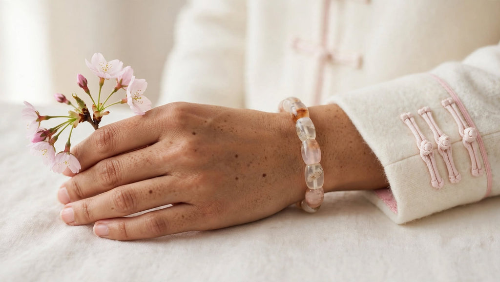 Natural Sakura Agate Rectangular Soft Bangle Bracelet