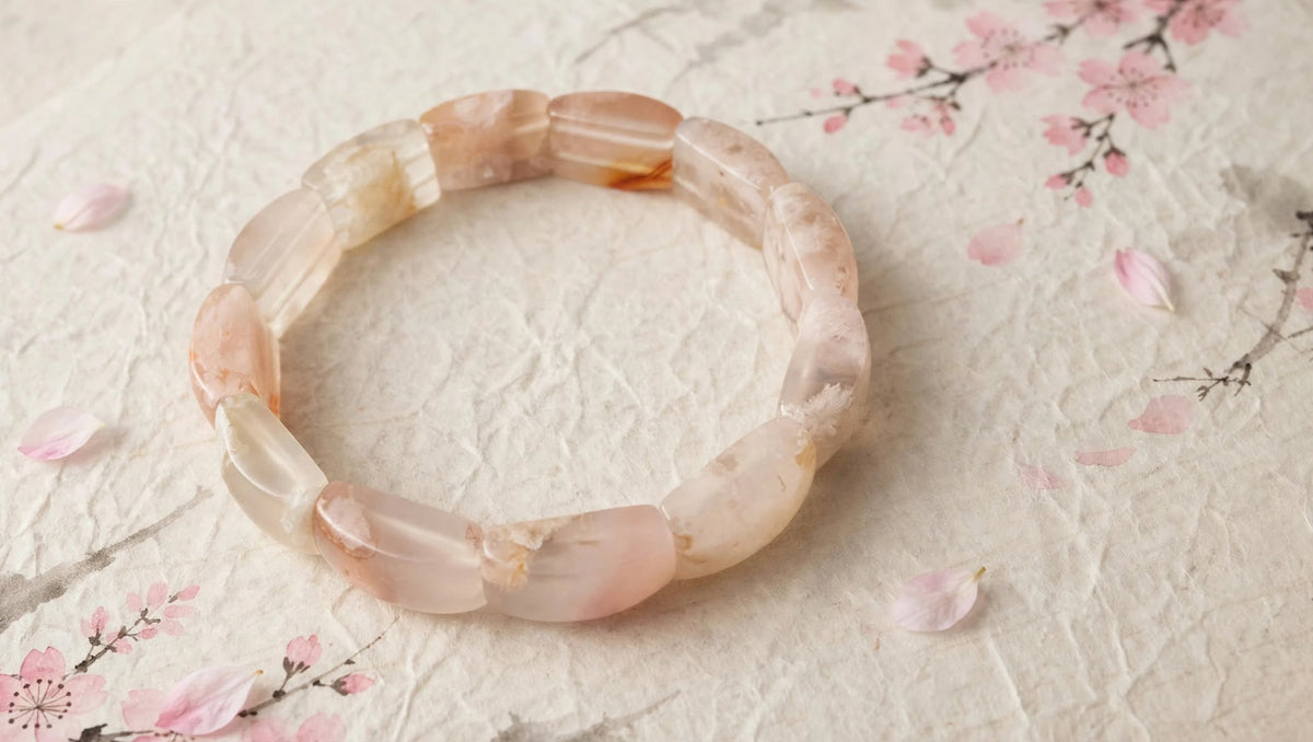 Natural Sakura Agate Rectangular Soft Bangle Bracelet