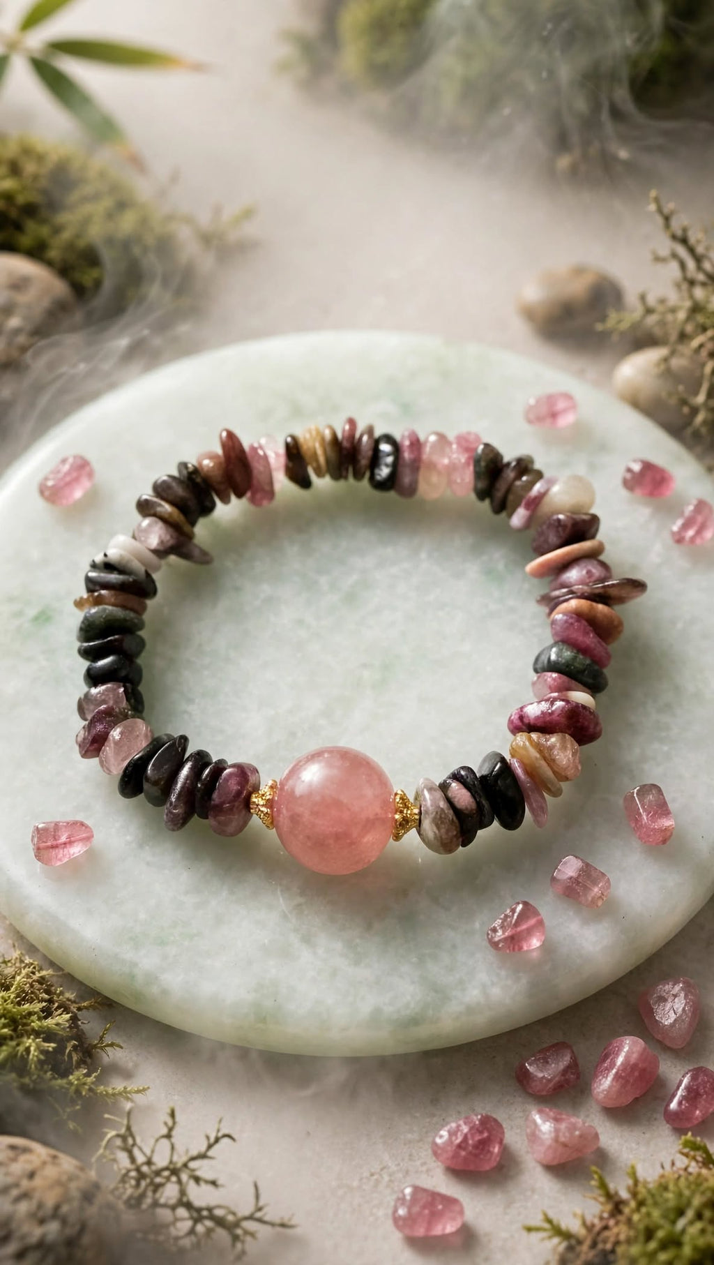Natural Multi-Tourmaline Chunky Chip Bracelet with Strawberry Quartz Focal Bead