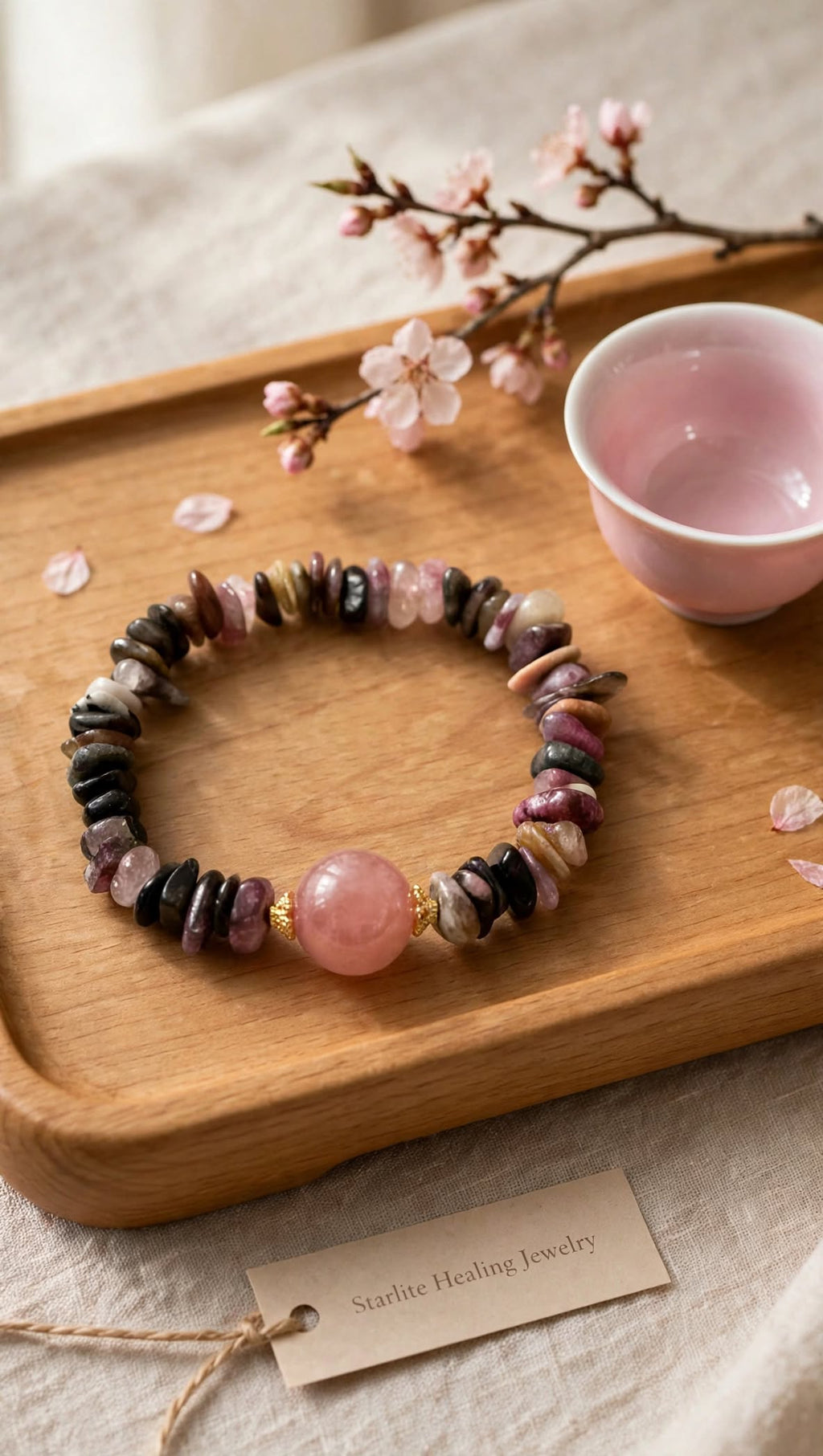Natural Multi-Tourmaline Chunky Chip Bracelet with Strawberry Quartz Focal Bead