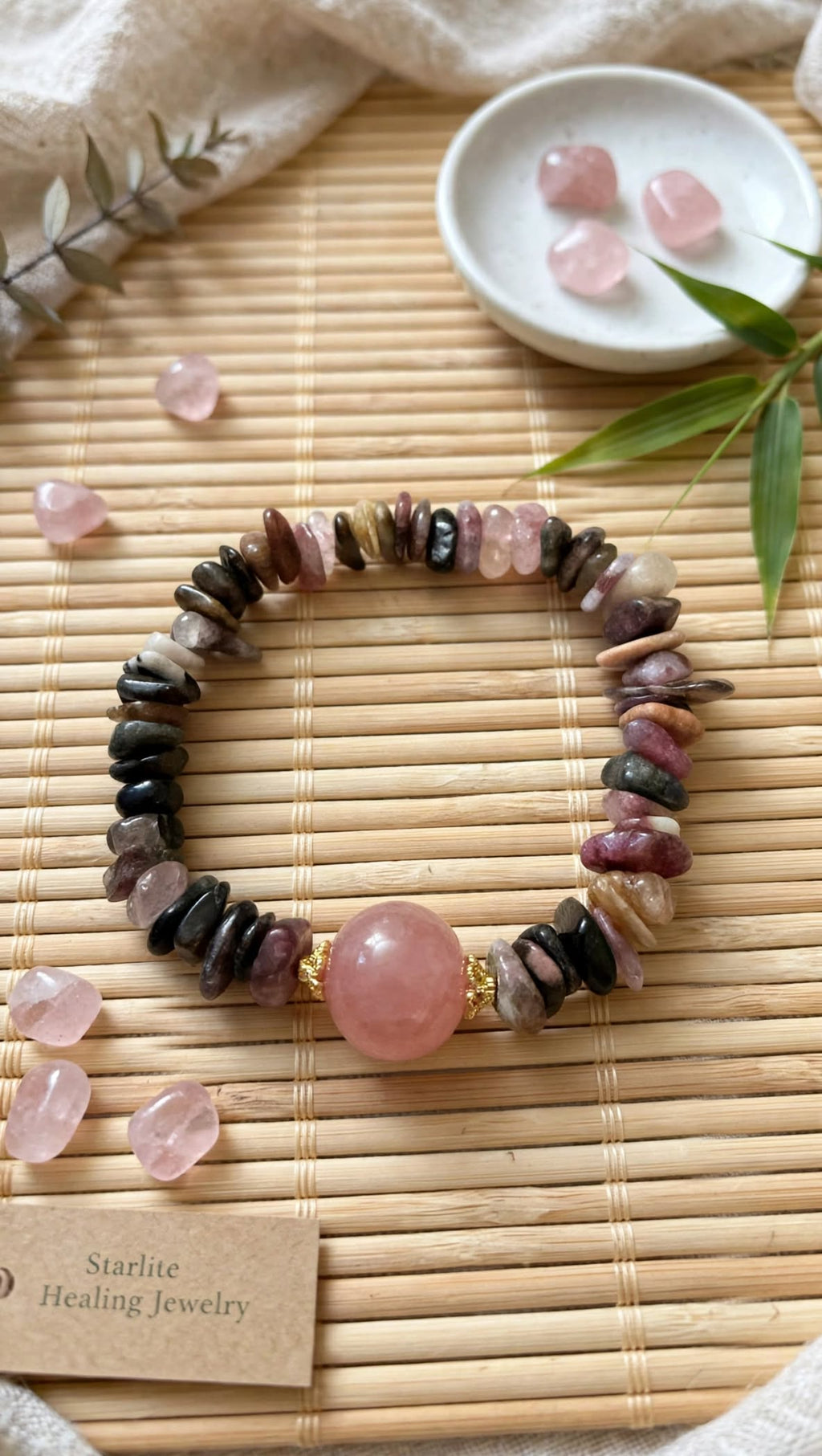 Natural Multi-Tourmaline Chunky Chip Bracelet with Strawberry Quartz Focal Bead