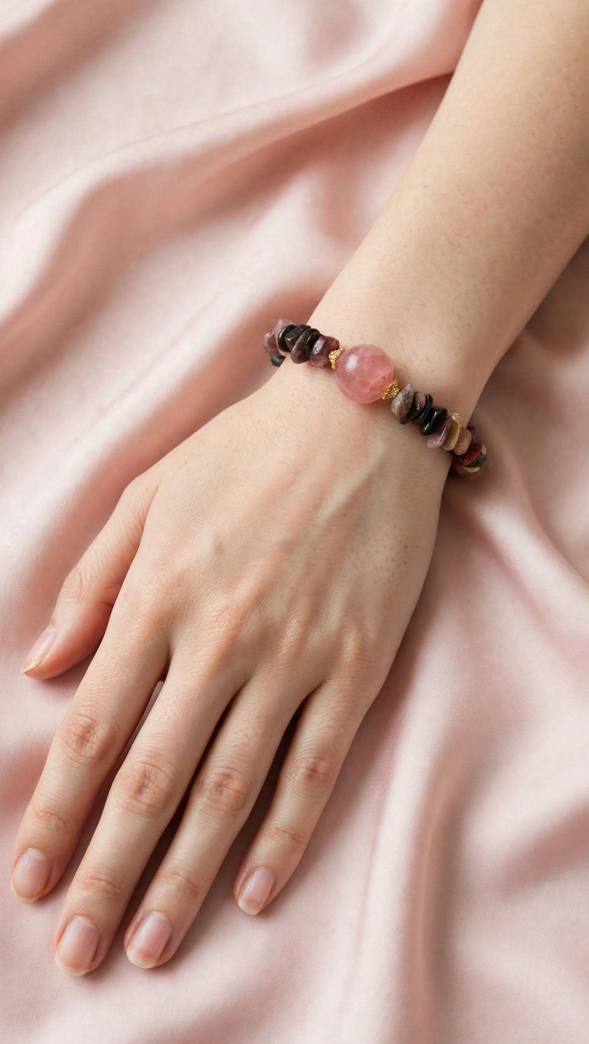 Natural Multi-Tourmaline Chunky Chip Bracelet with Strawberry Quartz Focal Bead
