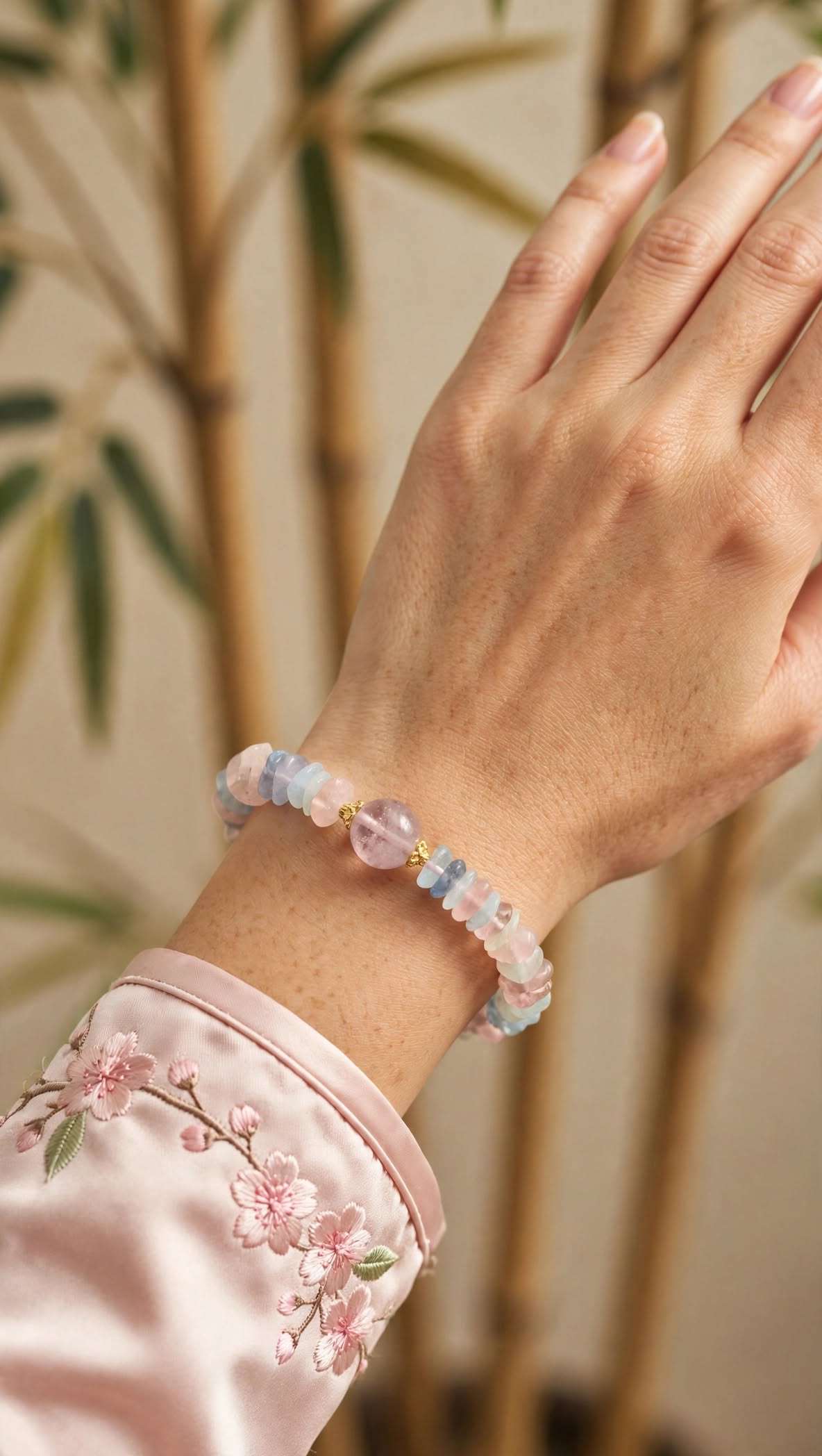 Natural Morganite Chunky Chip Bracelet with Lavender Quartz Focal Bead