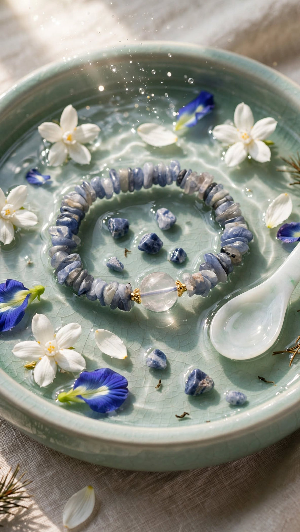 Natural Sodalite Chunky Chip Bracelet with Clear Quartz Focal Bead