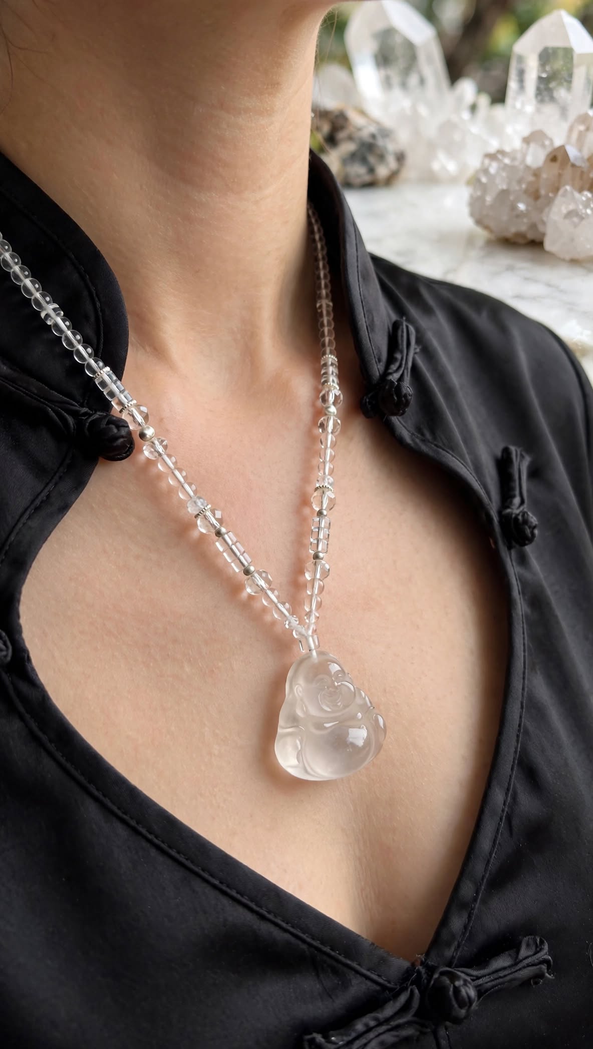 Luminous Clarity Natural Clear Quartz Buddha Beaded Necklace