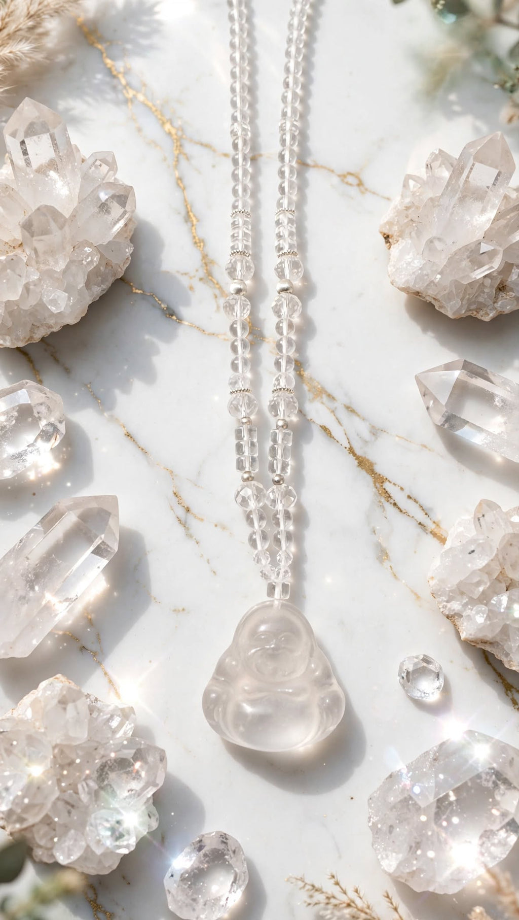 Luminous Clarity Natural Clear Quartz Buddha Beaded Necklace