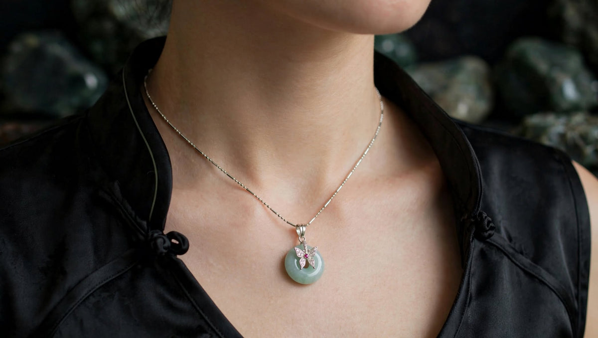 Ethereal Butterfly Burmese Jadeite Donut Pendant Necklace