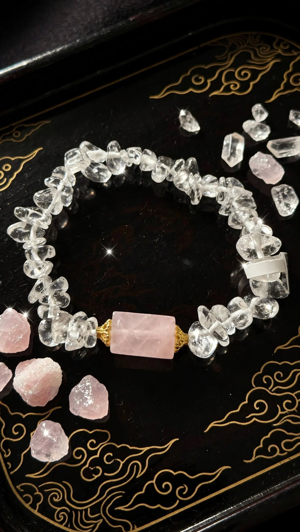 Pure Clarity Clear Quartz Chip Bracelet with Rose Quartz Focal Bar