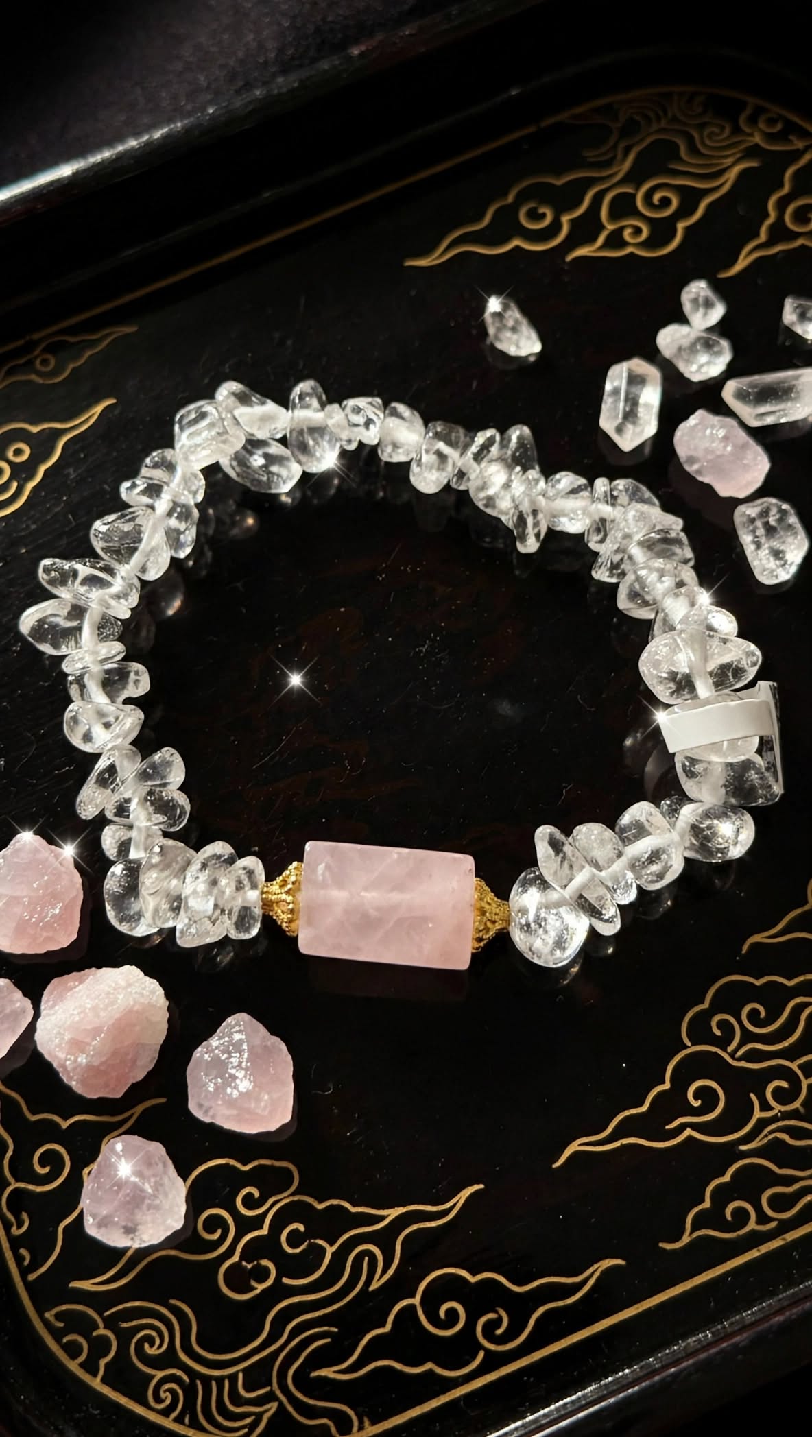 Pure Clarity Clear Quartz Chip Bracelet with Rose Quartz Focal Bar