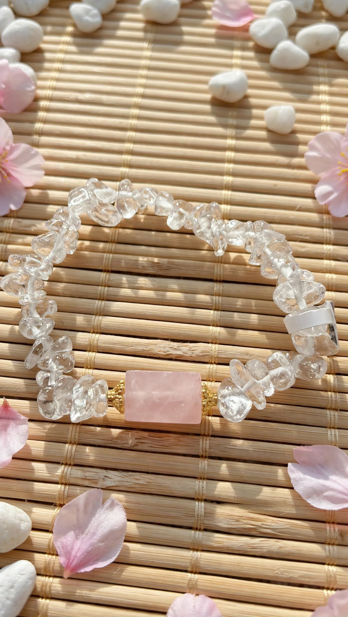 Pure Clarity Clear Quartz Chip Bracelet with Rose Quartz Focal Bar