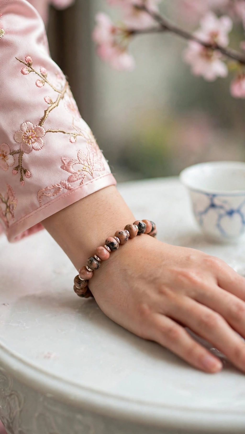 Earthy Rhodonite Abacus Bracelet with Dual Metal Spacers