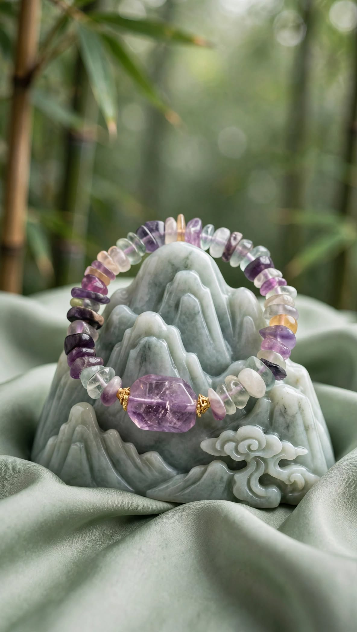Natural Fluorite Chunky Chip Bracelet with Lavender Amethyst Focal Stone