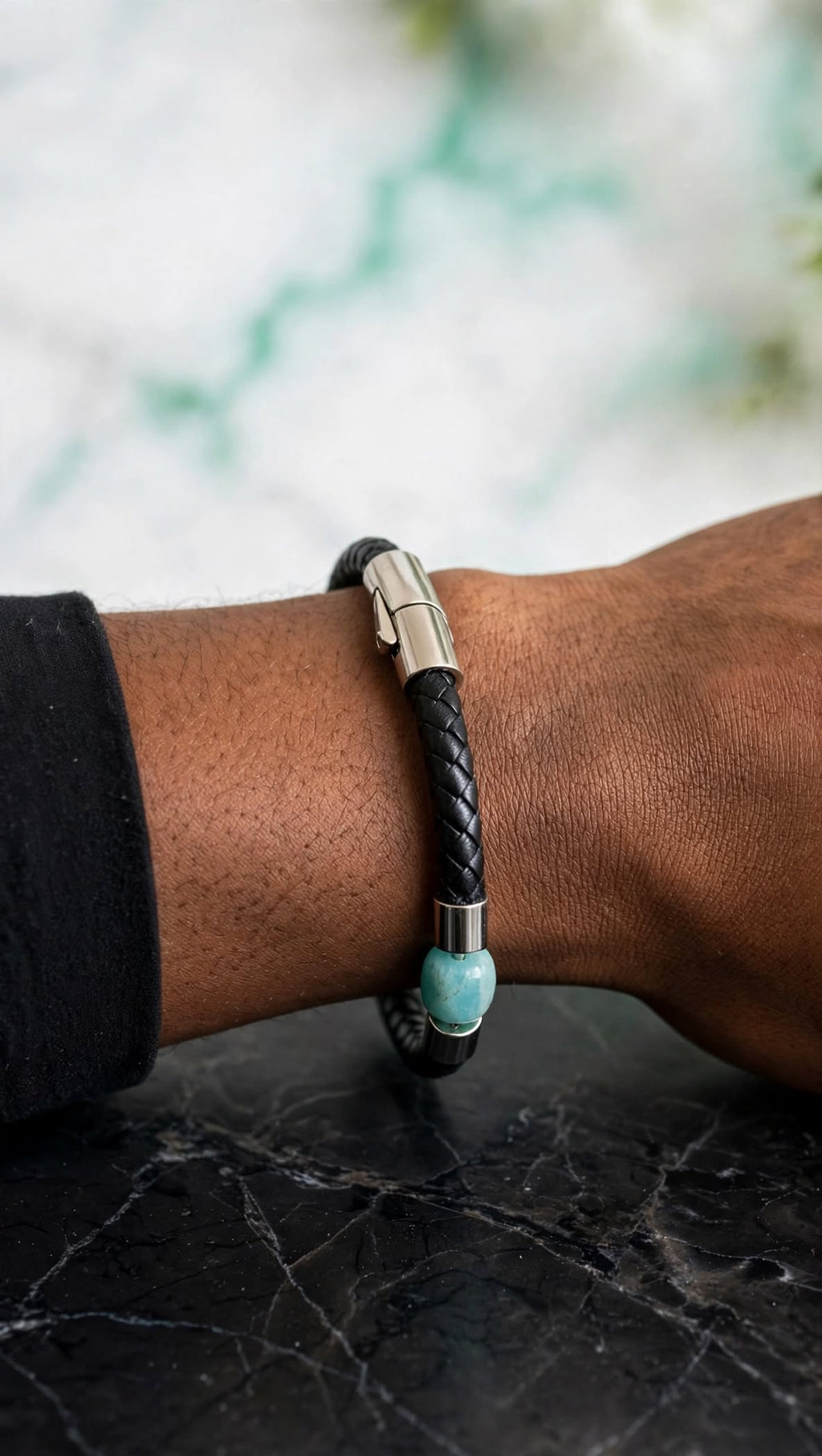 Urban Calming Braided PU Leather & Amazonite Barrel Bracelet