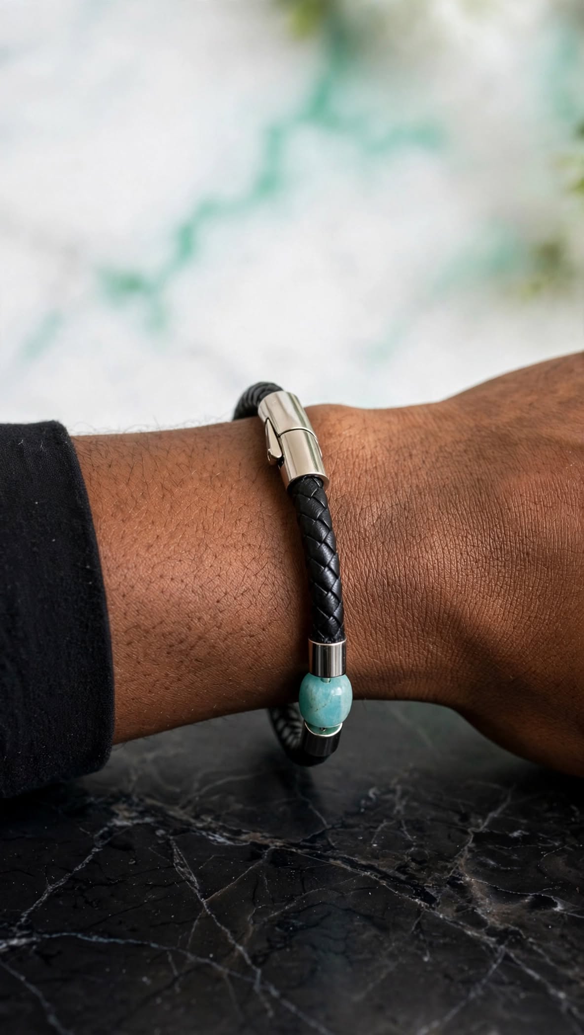 Urban Calming Braided PU Leather & Amazonite Barrel Bracelet