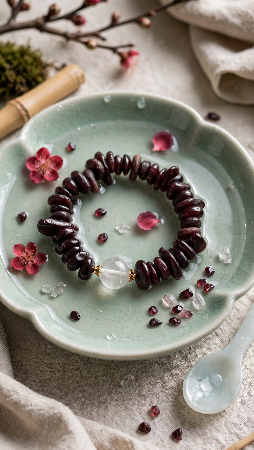Natural Garnet Chunky Chip Bracelet with Clear Quartz Focal Bead