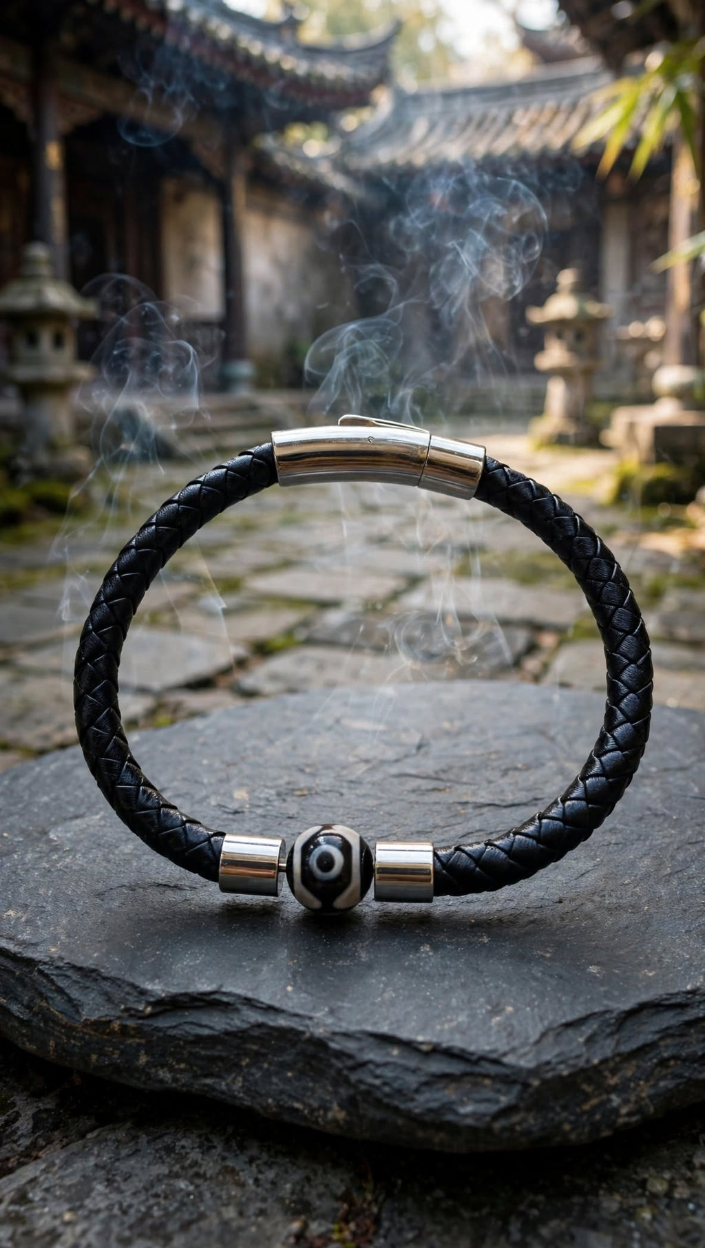 Sacred Protection Braided PU Leather & 3-Eye Dzi Agate Bracelet