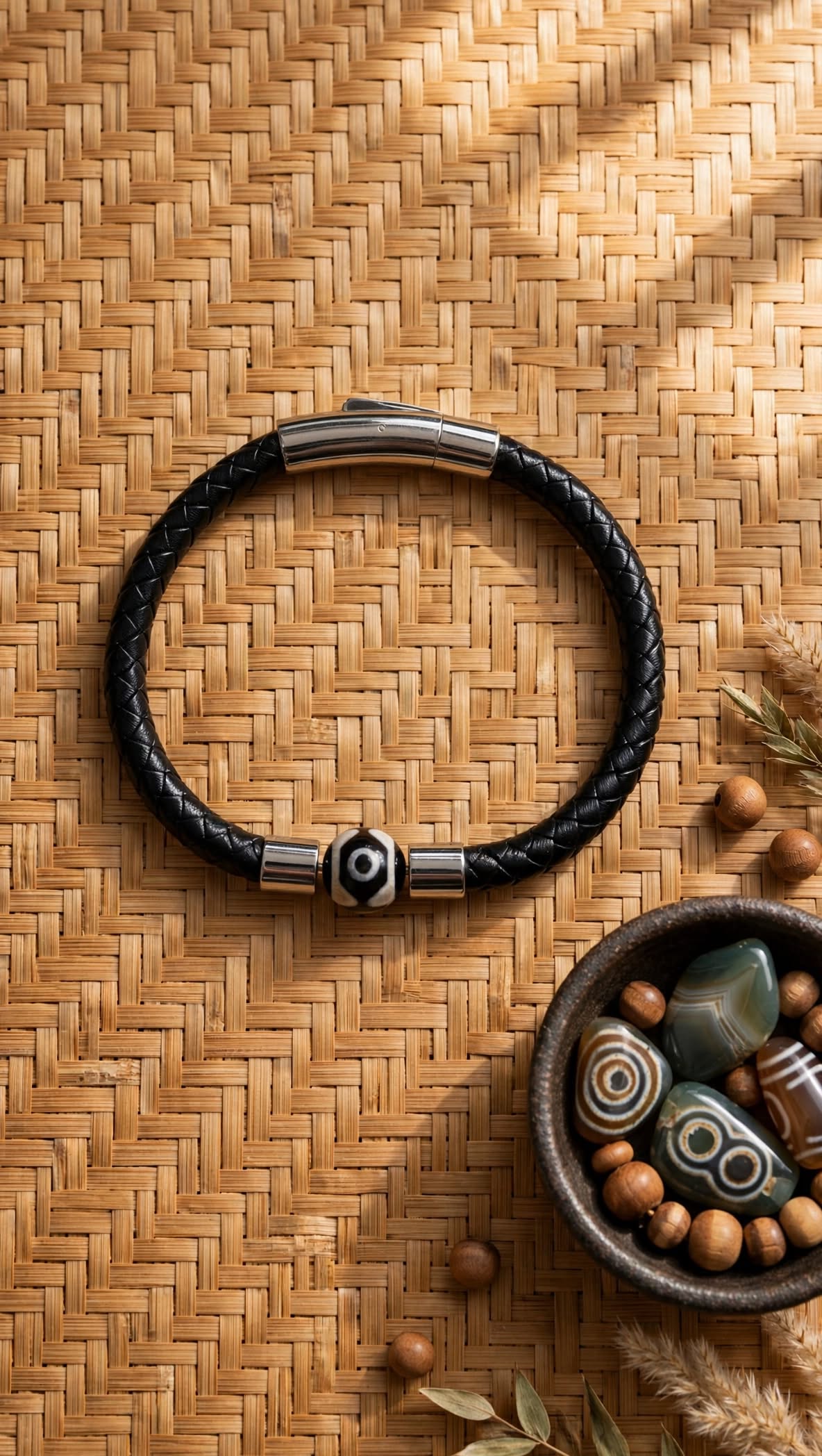 Sacred Protection Braided PU Leather & 3-Eye Dzi Agate Bracelet