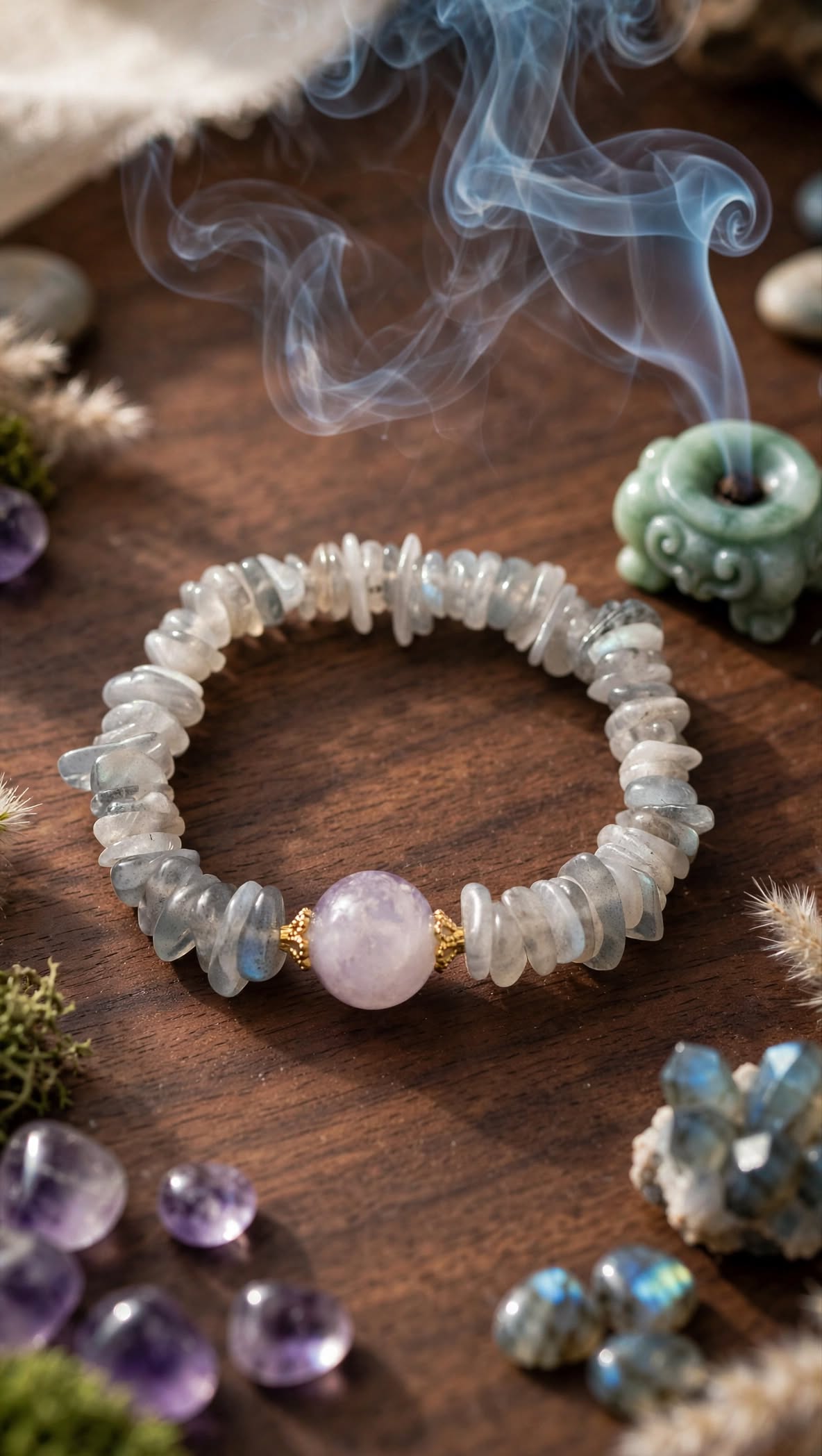Natural Labradorite Chunky Chip Bracelet with Rose Quartz Focal Bead