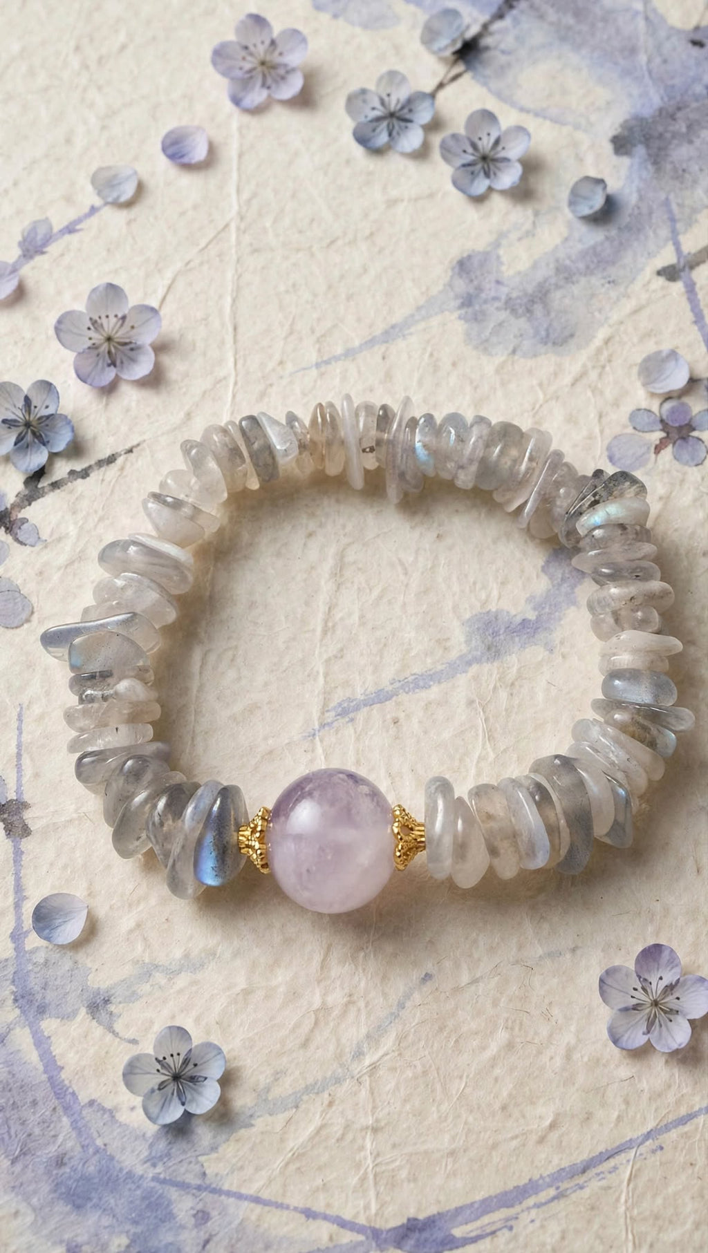 Natural Labradorite Chunky Chip Bracelet with Rose Quartz Focal Bead