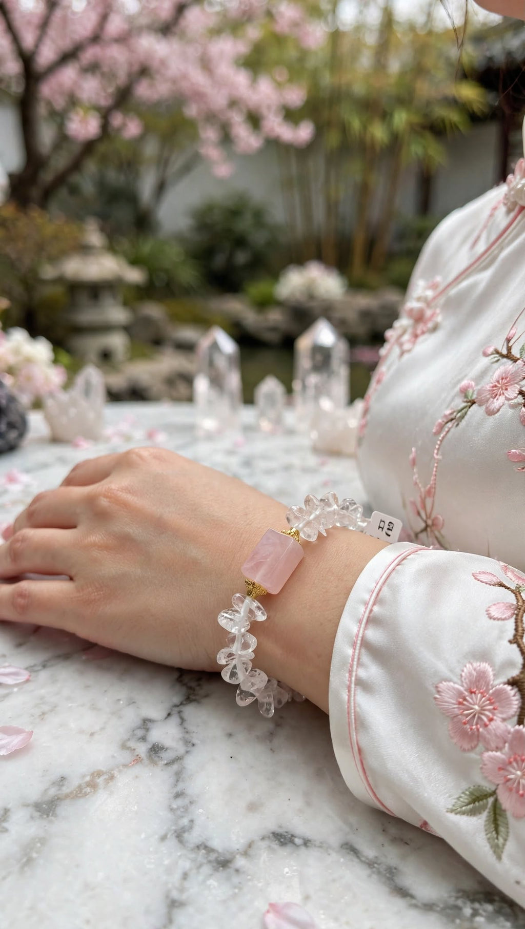Pure Clarity Clear Quartz Chip Bracelet with Rose Quartz Focal Bar
