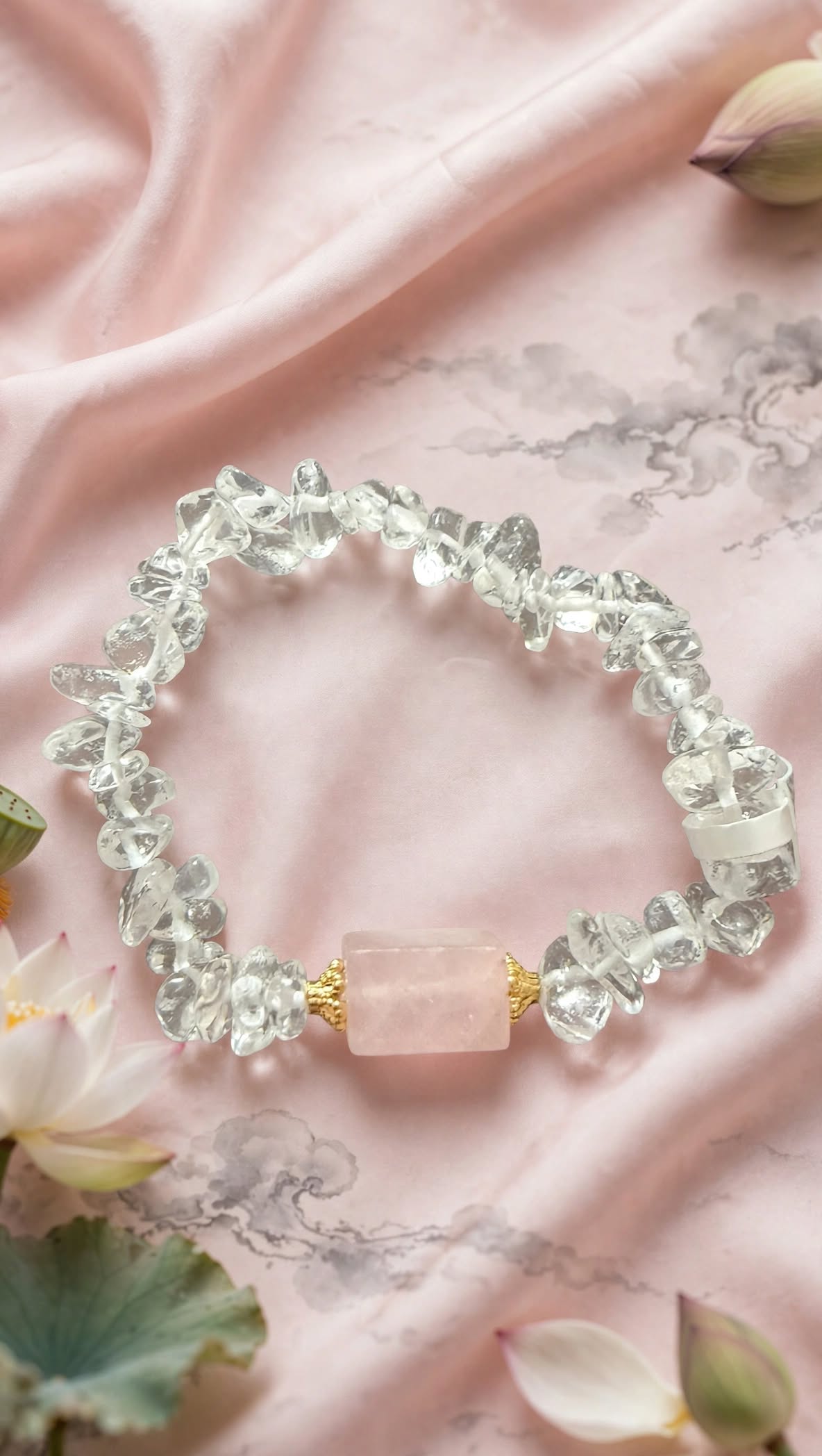 Pure Clarity Clear Quartz Chip Bracelet with Rose Quartz Focal Bar