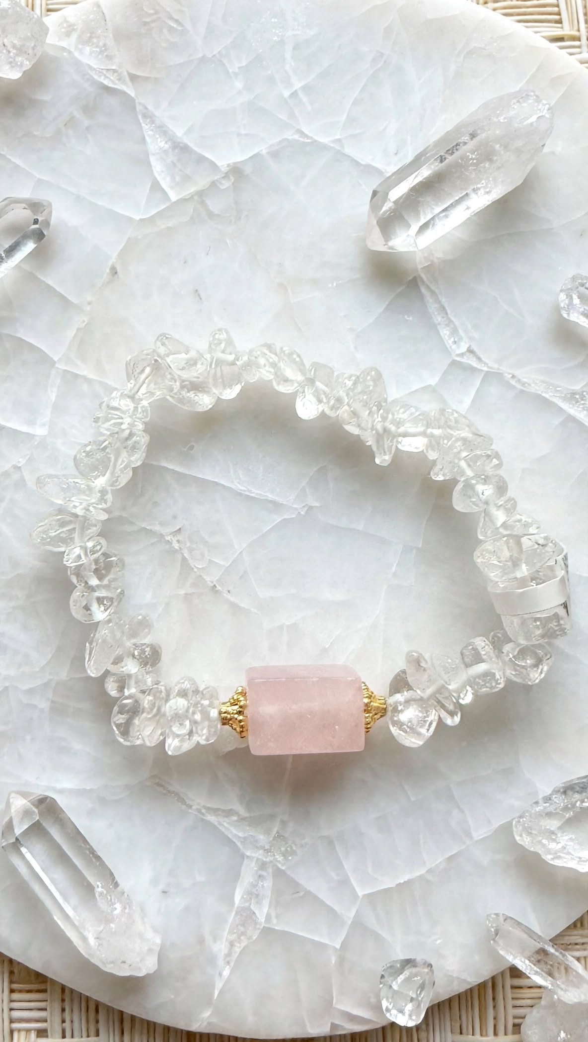 Pure Clarity Clear Quartz Chip Bracelet with Rose Quartz Focal Bar
