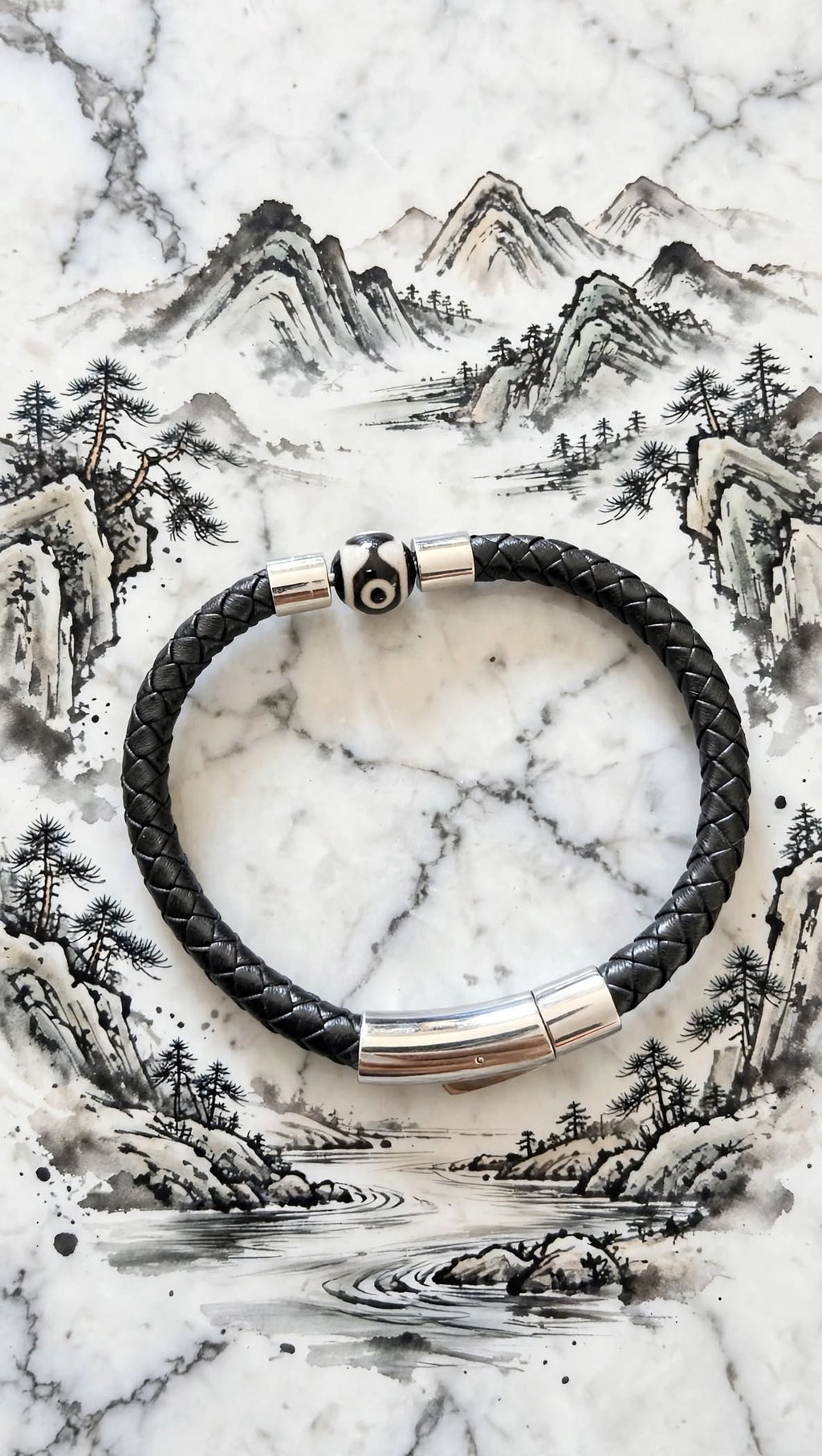 Sacred Protection Braided PU Leather & 3-Eye Dzi Agate Bracelet