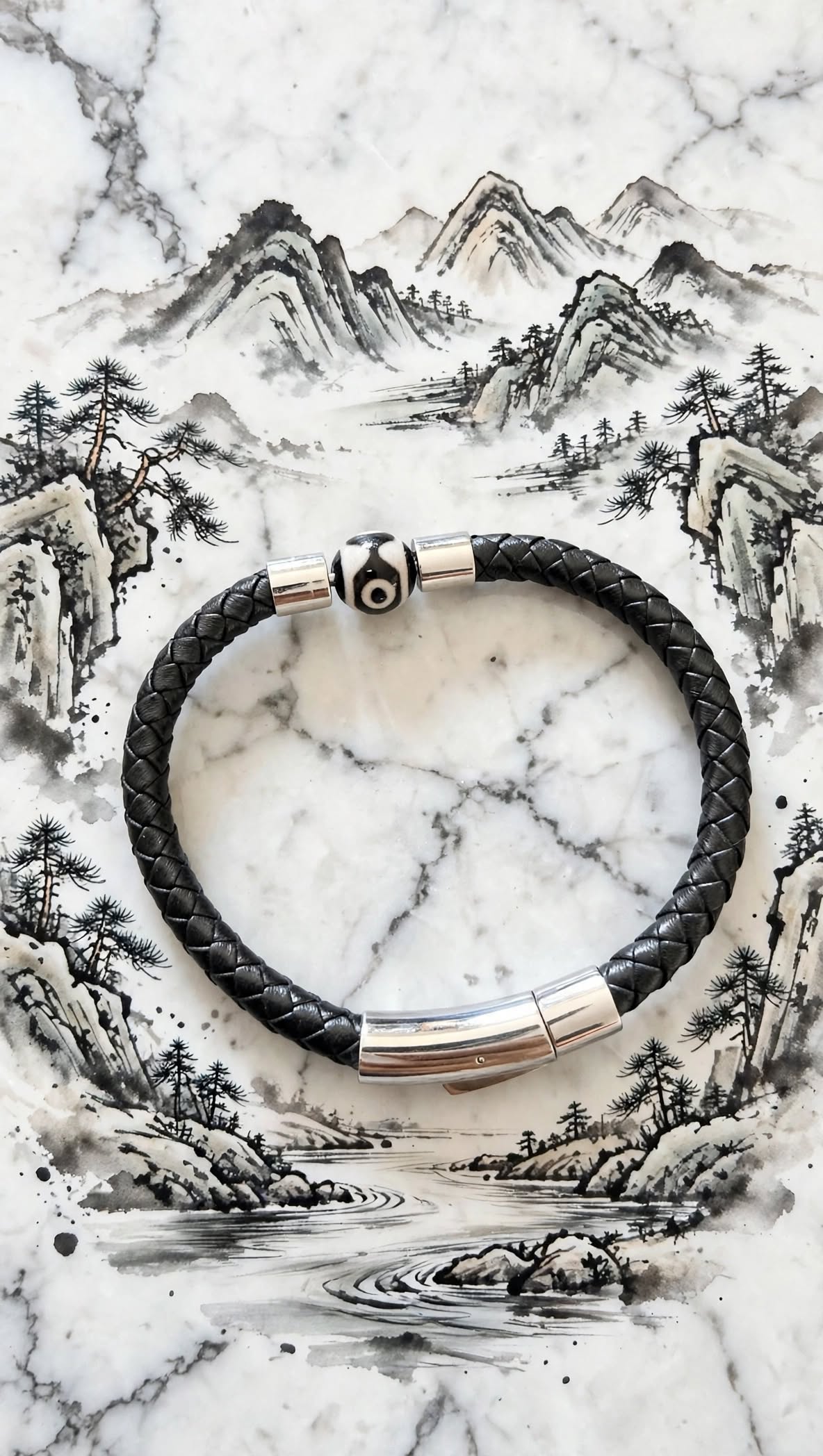 Sacred Protection Braided PU Leather & 3-Eye Dzi Agate Bracelet