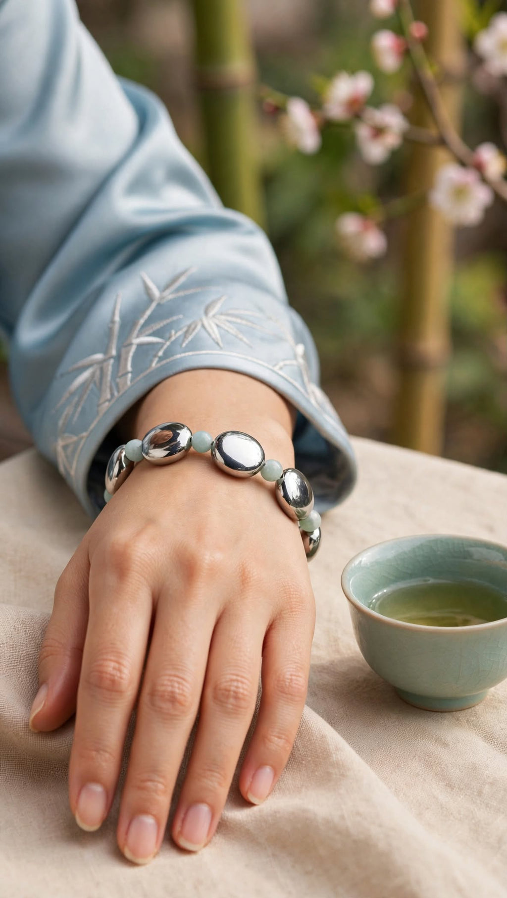 Terahertz Pebble Plate & Light Water Jadeite Beaded Bracelet