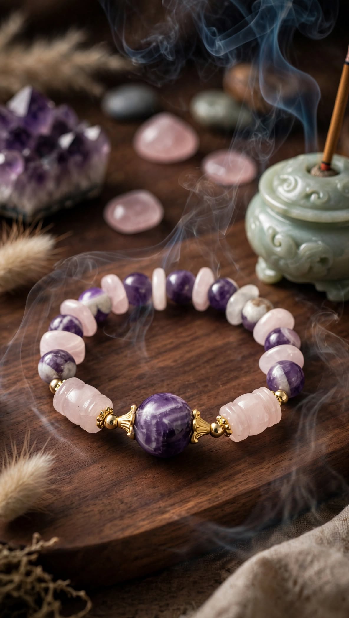 Natural Amethyst & Rose Quartz Lantern Focal Bracelet