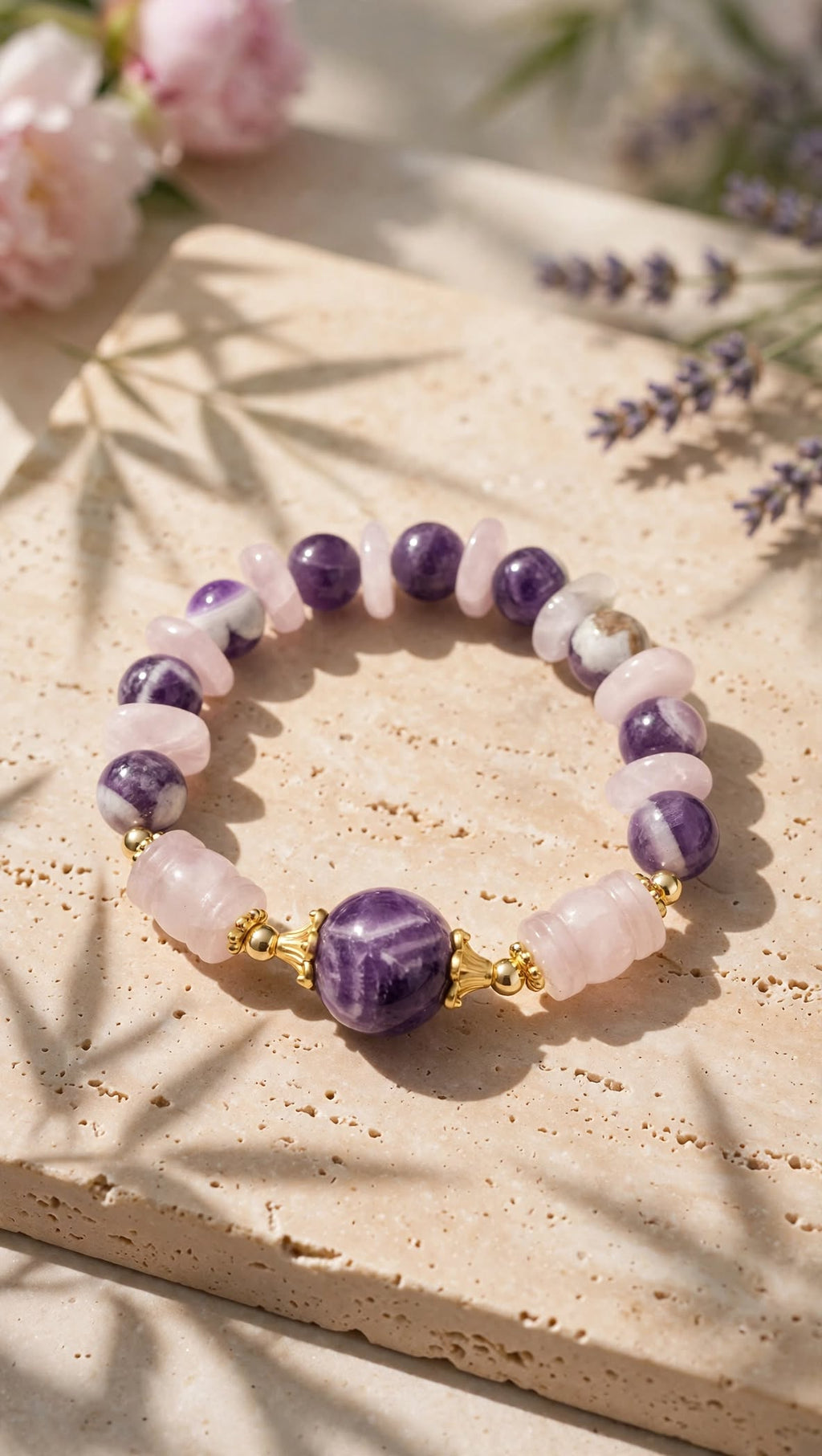 Natural Amethyst & Rose Quartz Lantern Focal Bracelet