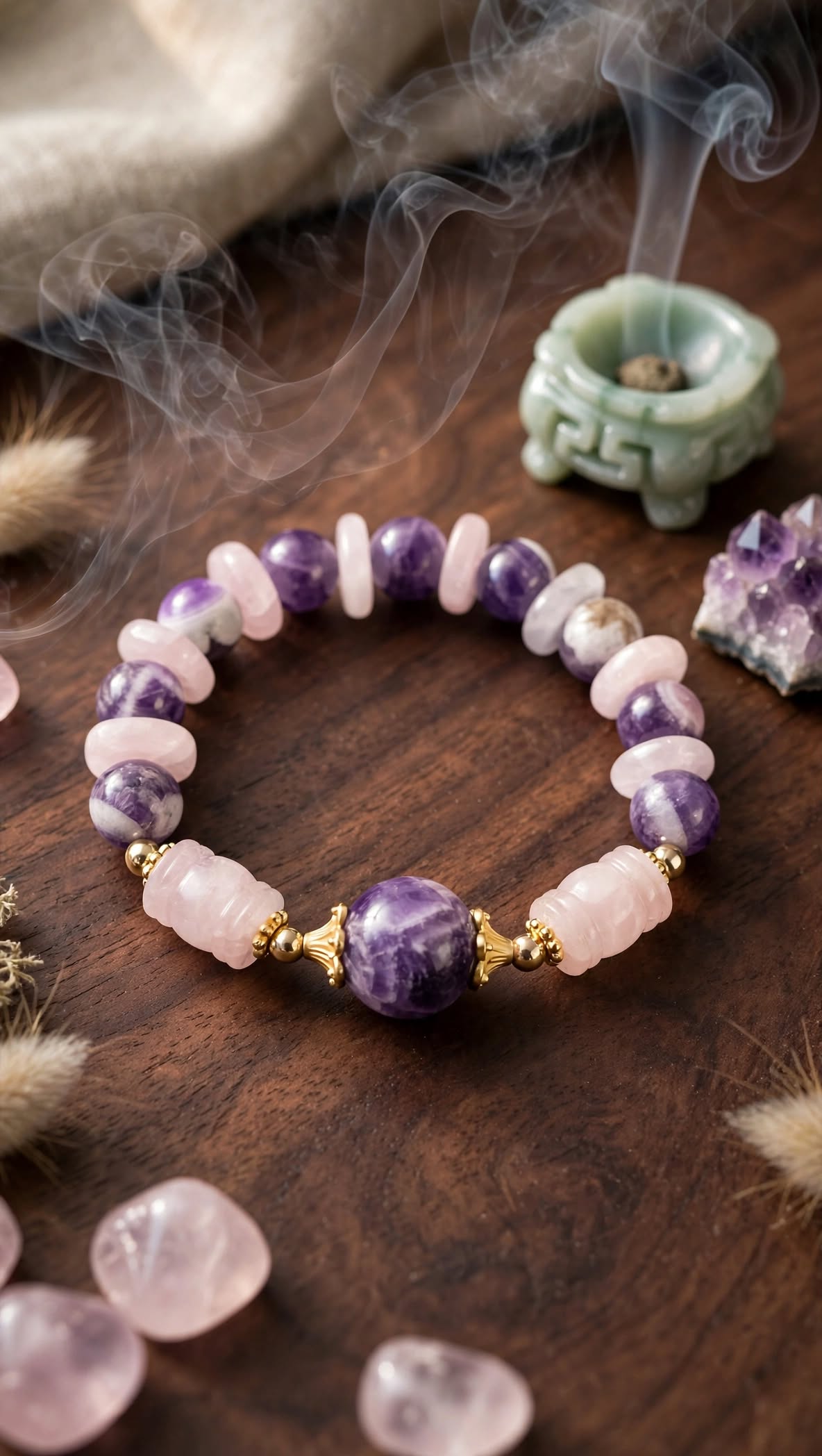 Natural Amethyst & Rose Quartz Lantern Focal Bracelet
