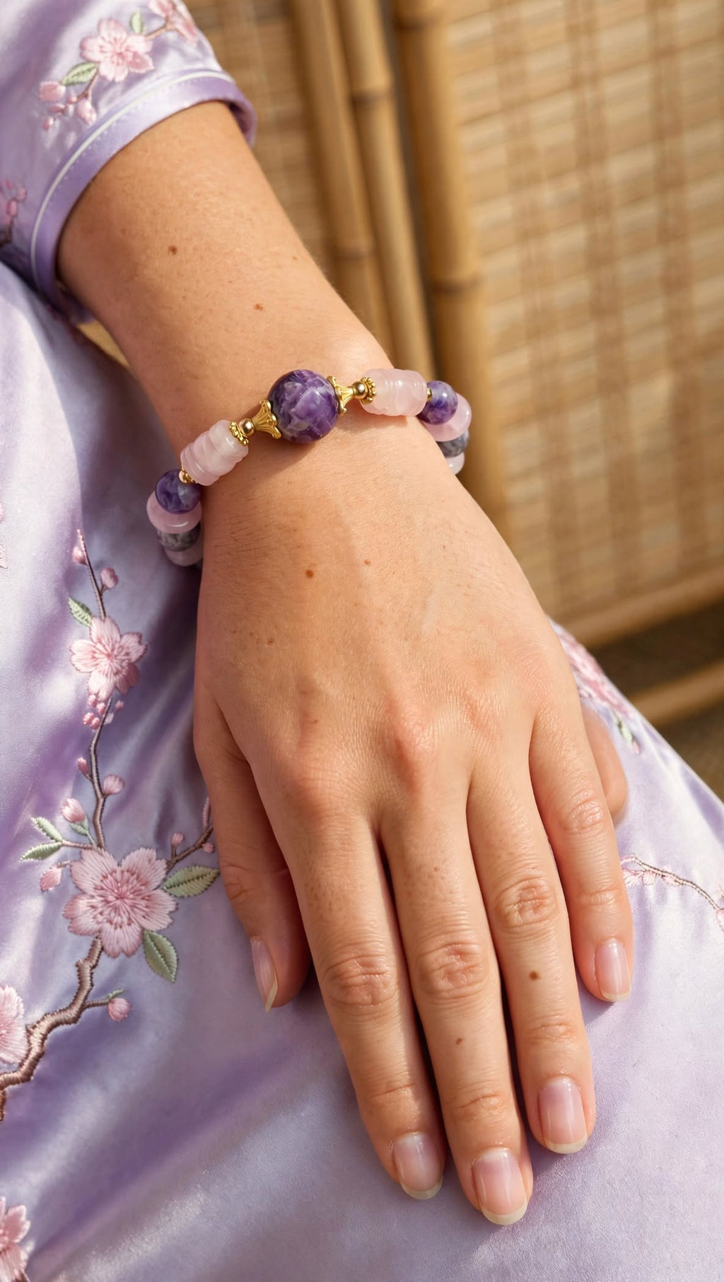 Natural Amethyst & Rose Quartz Lantern Focal Bracelet