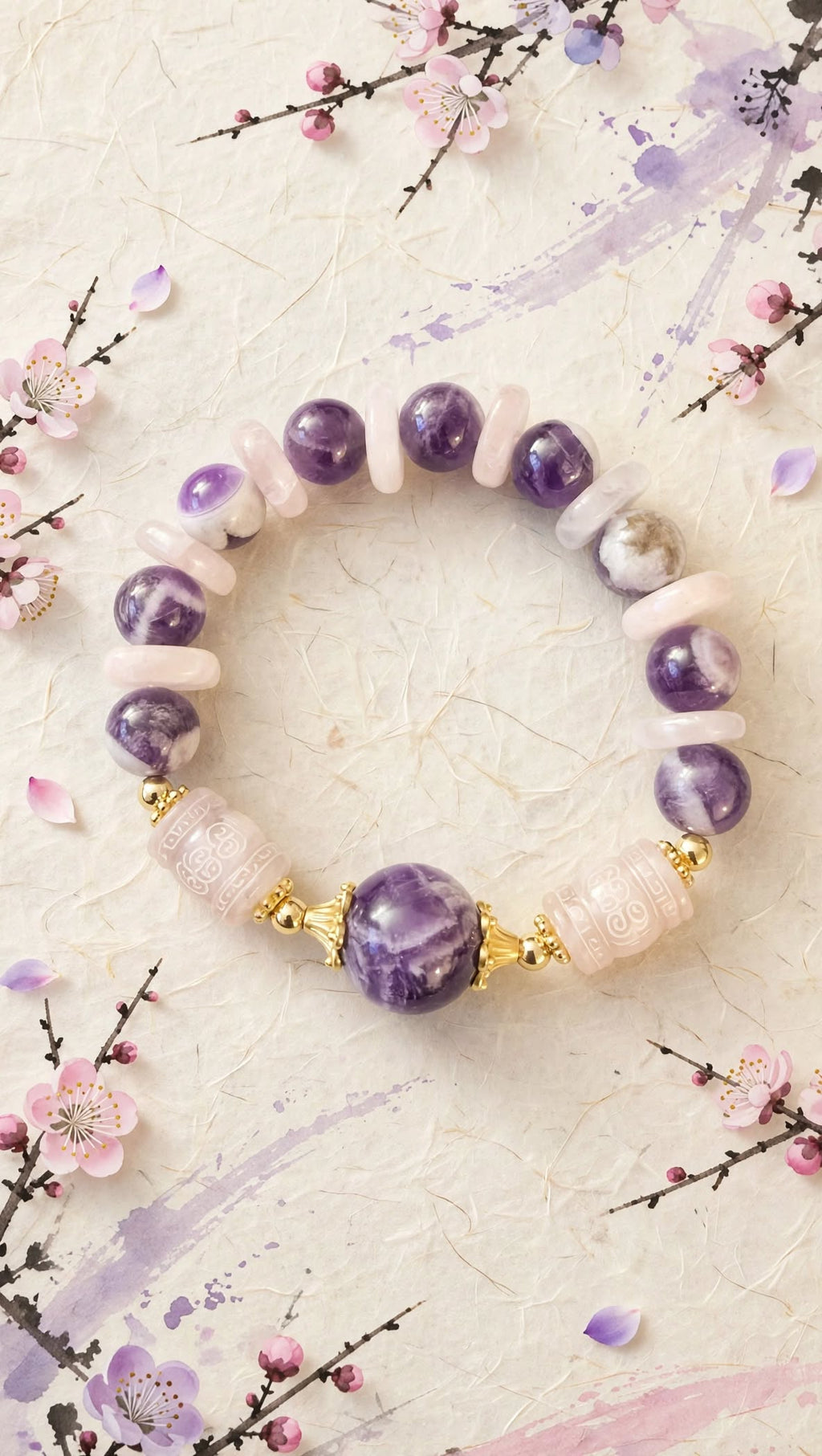 Natural Amethyst & Rose Quartz Lantern Focal Bracelet