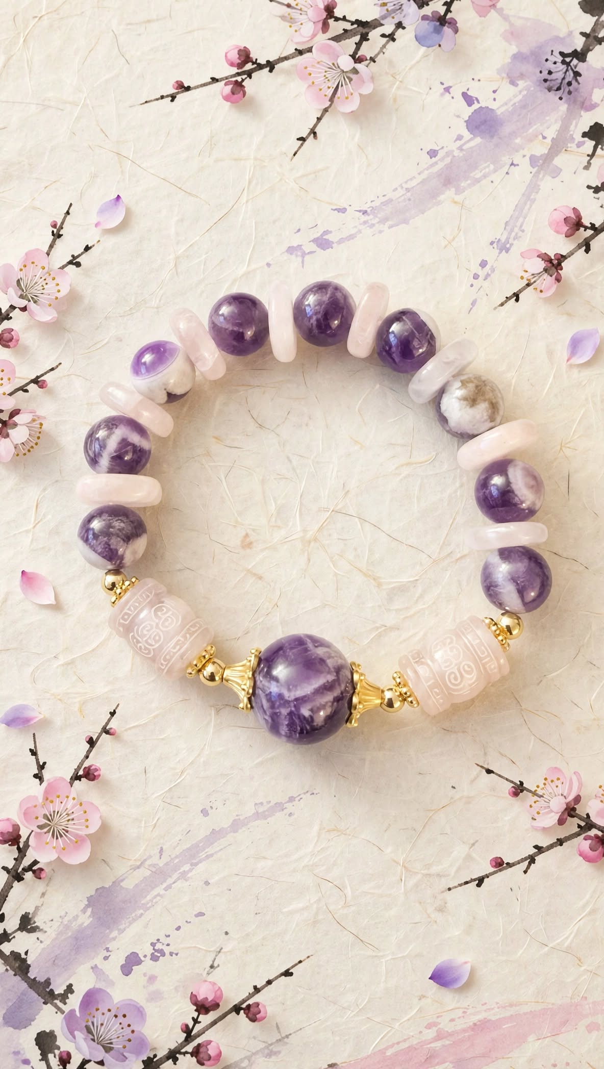 Natural Amethyst & Rose Quartz Lantern Focal Bracelet