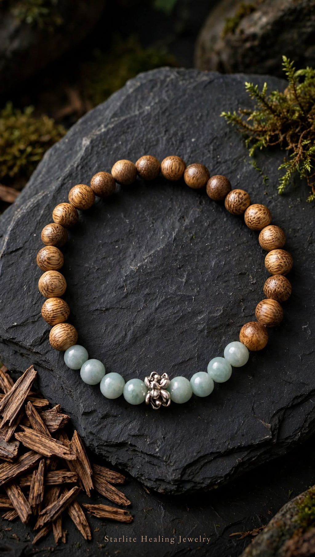 Natural Agarwood & Blue Water Jadeite Bracelet with Vintage Flower Focal Accent