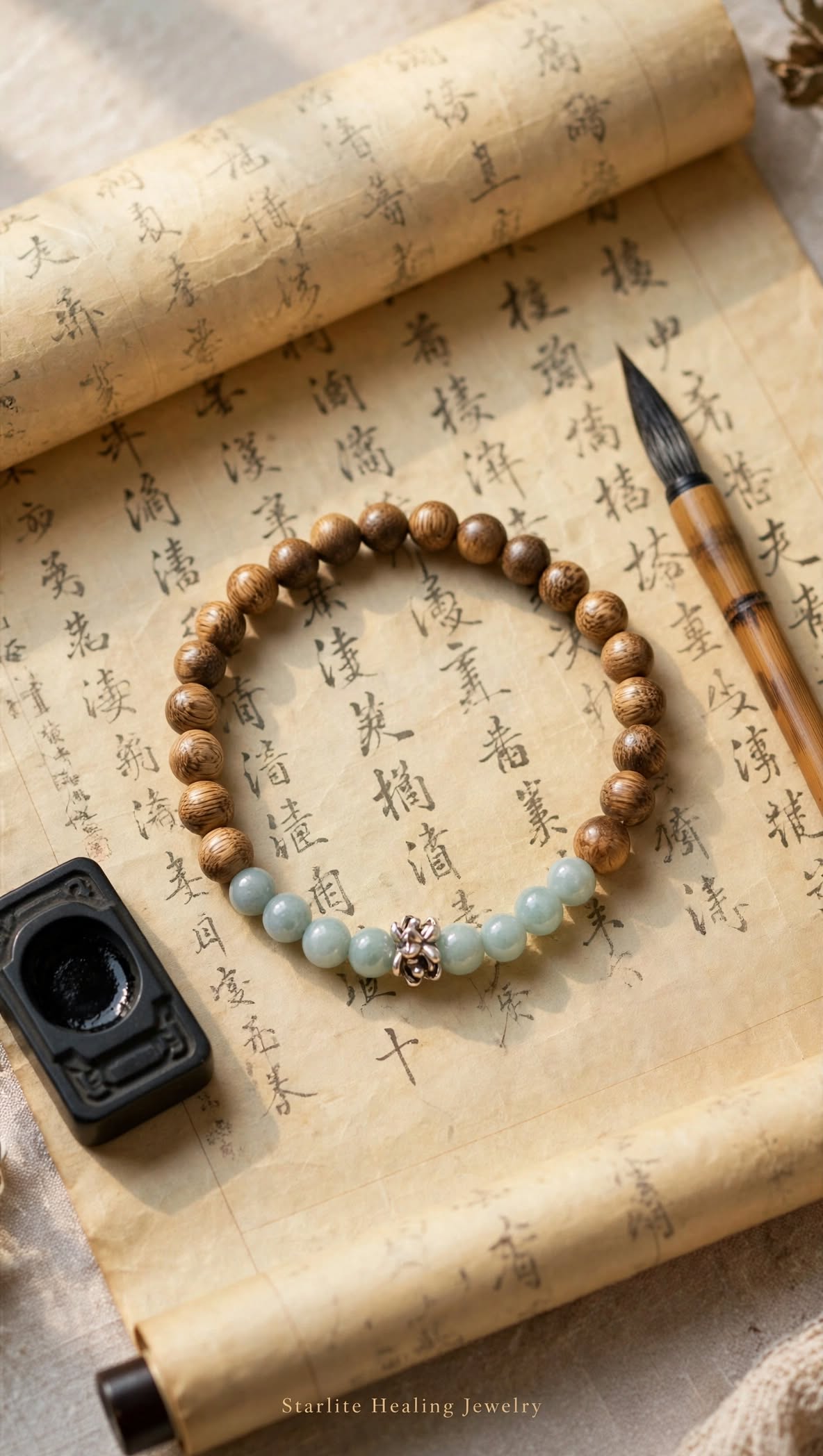 Natural Agarwood & Blue Water Jadeite Bracelet with Vintage Flower Focal Accent