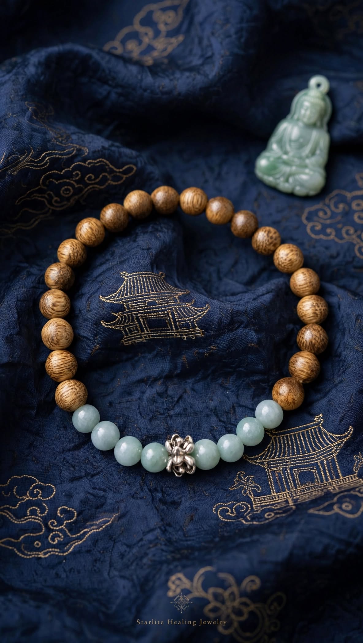 Natural Agarwood & Blue Water Jadeite Bracelet with Vintage Flower Focal Accent