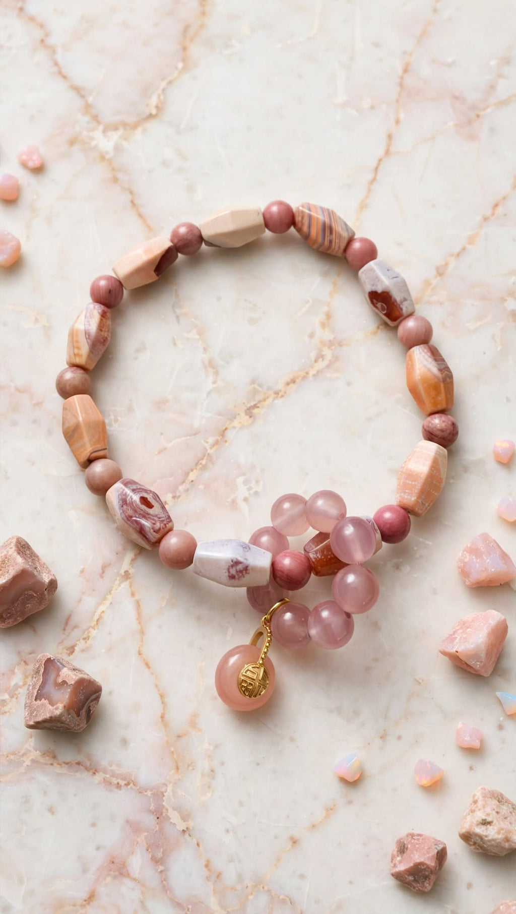 Holistic Healing Medicine Agate, Pink Opal & Yanyuan Agate Charm Bracelet