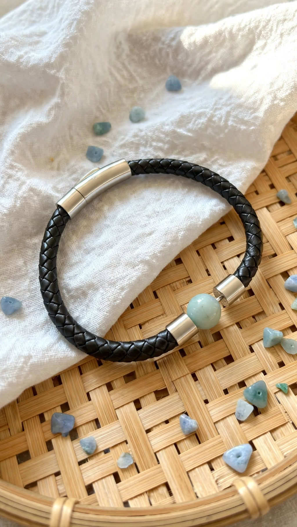 Urban Calming Braided PU Leather & Blue Water Jade Bracelet