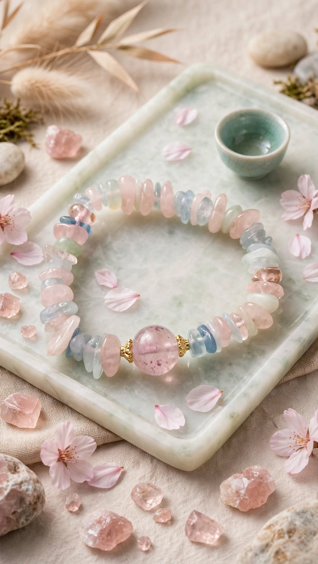 Natural Morganite Chunky Chip Bracelet with Lavender Quartz Focal Bead