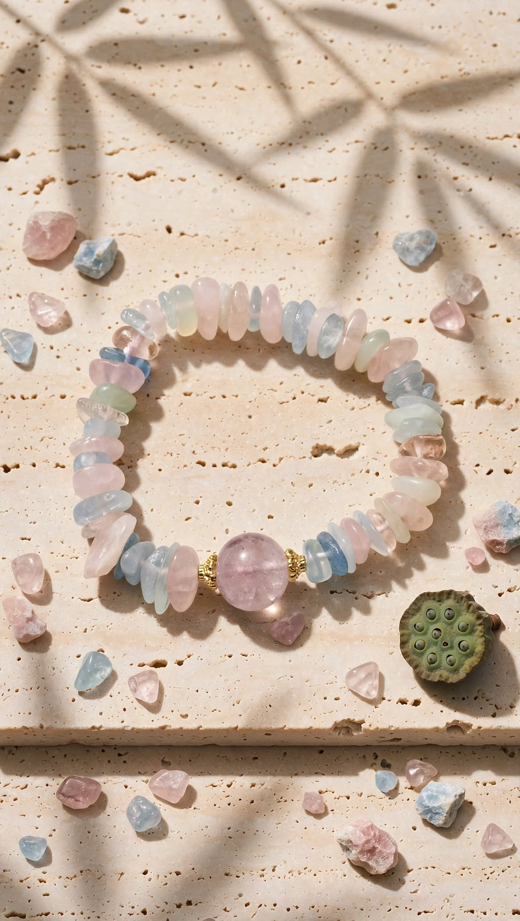 Natural Morganite Chunky Chip Bracelet with Lavender Quartz Focal Bead