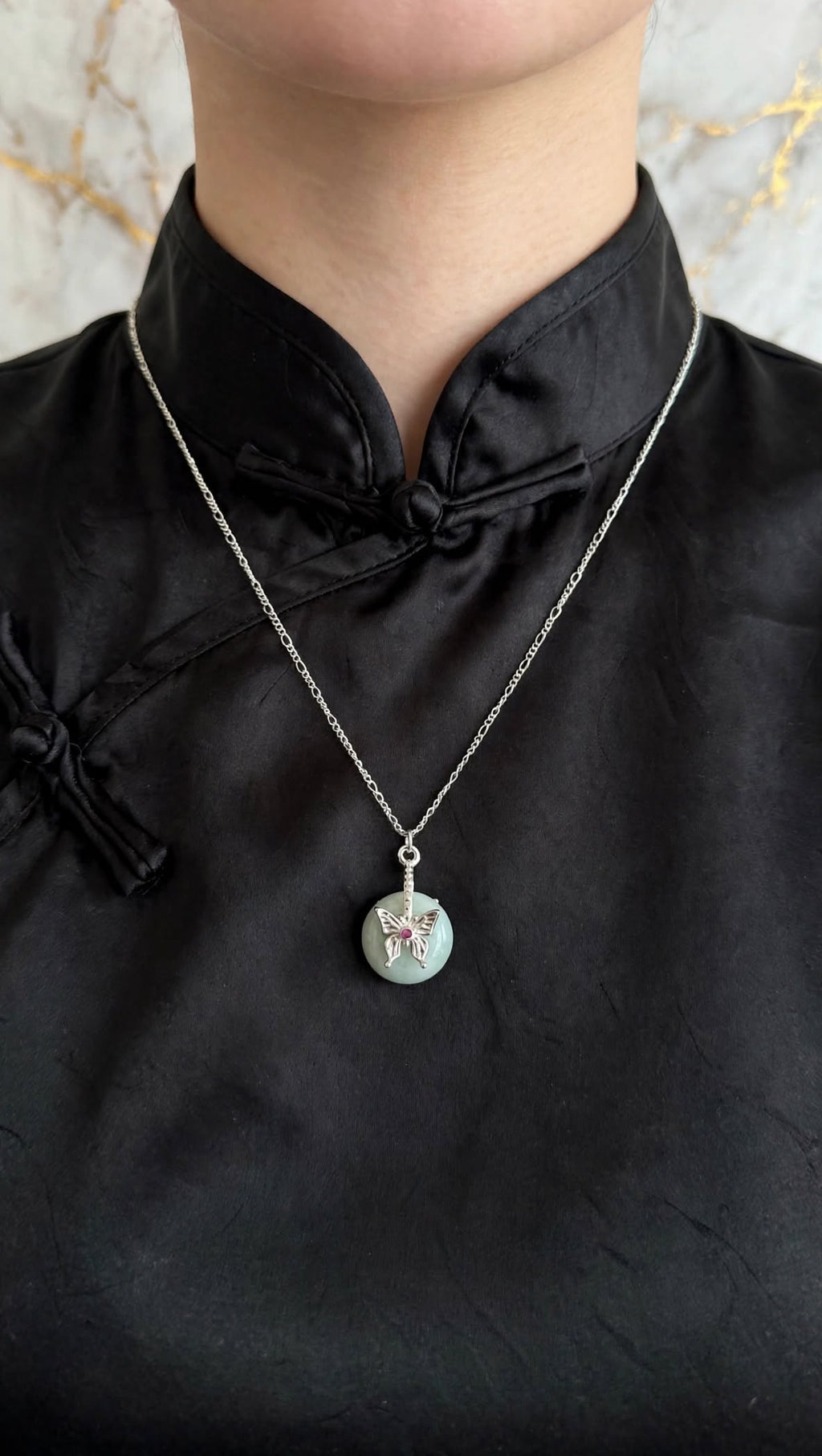 Whimsical Butterfly Burmese Jadeite Donut Pendant Necklace