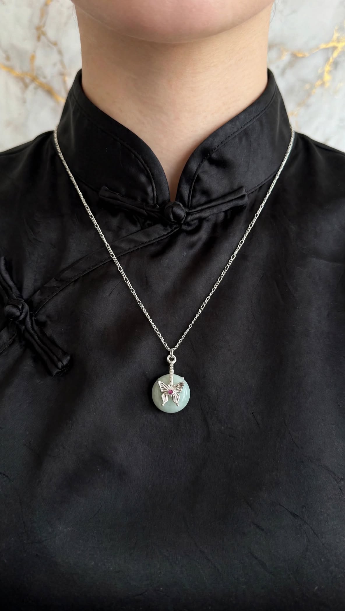 Whimsical Butterfly Burmese Jadeite Donut Pendant Necklace